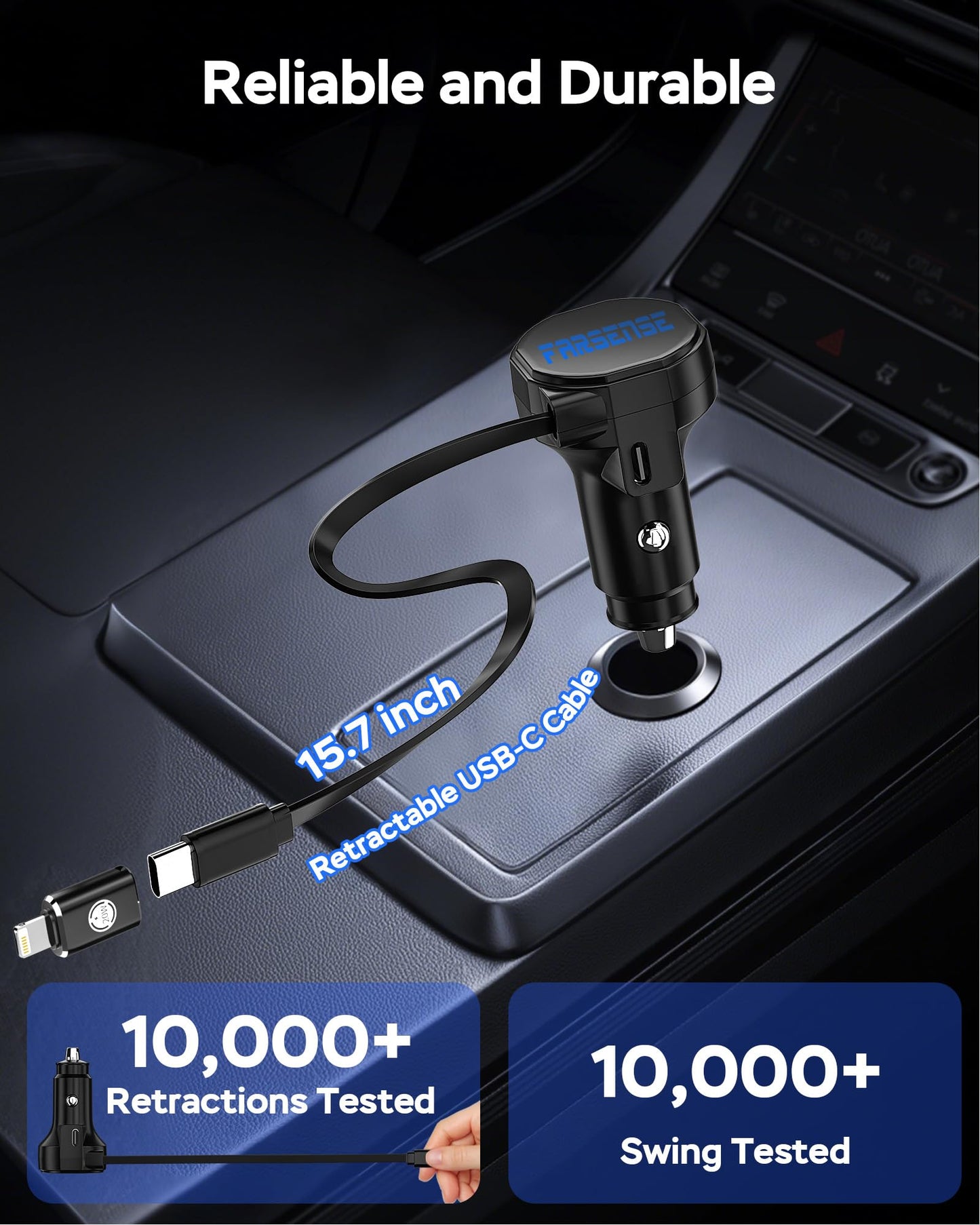 FARSENSE USB-C Car Charger, 45W 2-in-1 PD Fast Charger with Retractable Cable, Universal Car Adapter for iPhone 17/16 Series, MacBook Pro/Air, iPad