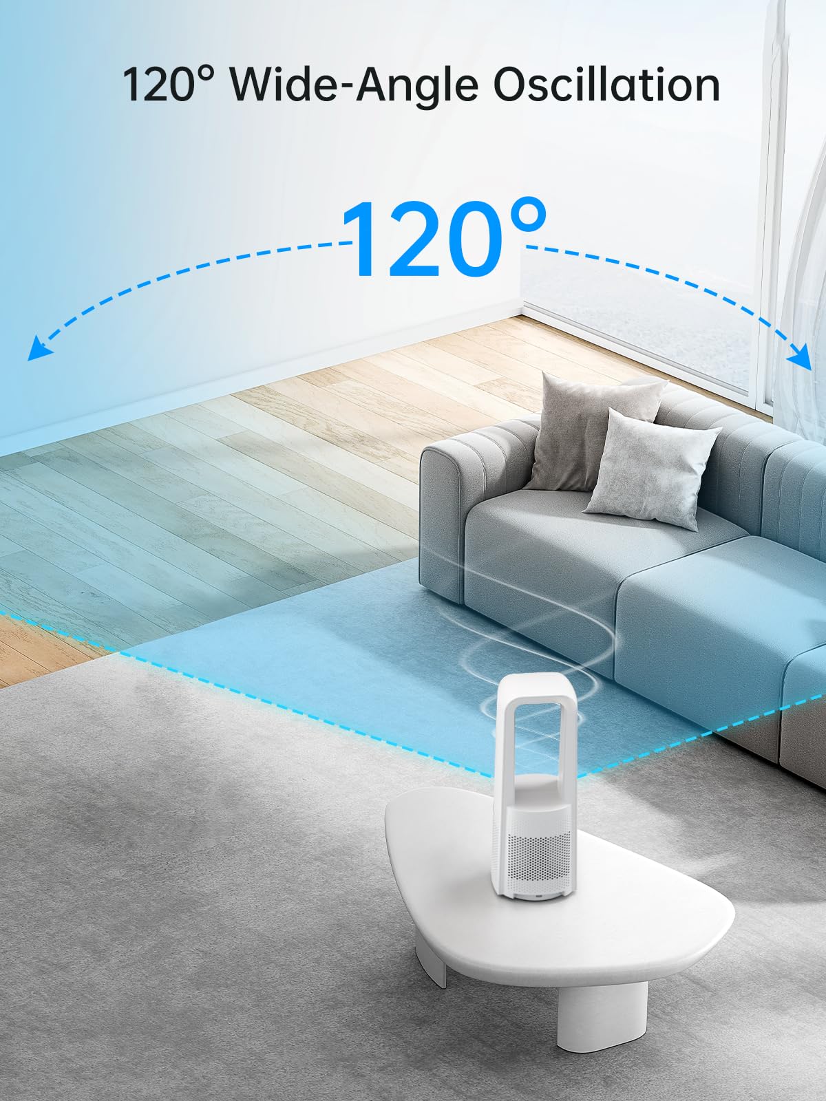 Desk Fan Bladeless, 120° Oscillating Fan Rechargeable, Quiet Fan with Night Light, Smart LED Touch Control, 4 Speed & 9H Timer, Small Table Fan, Auto