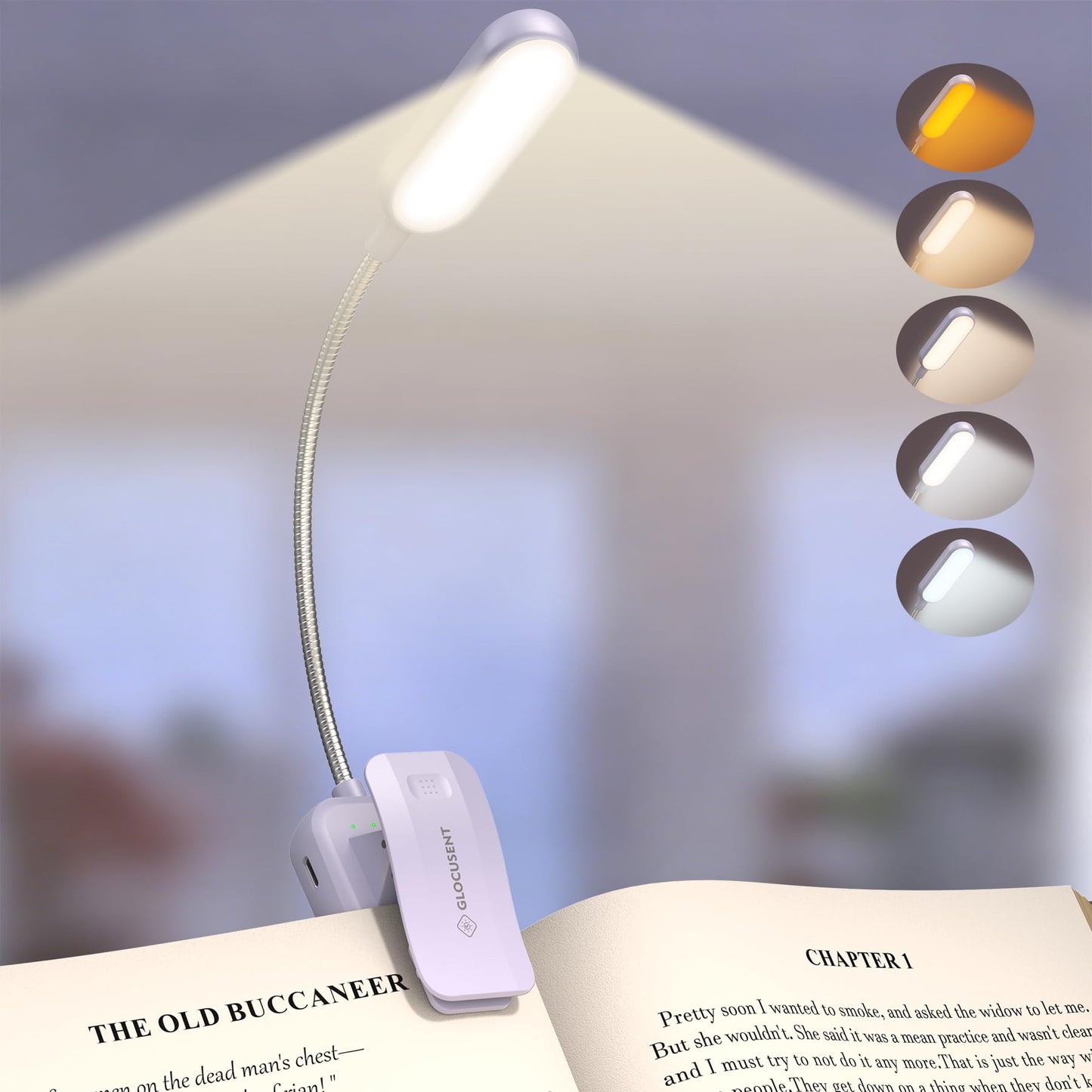 Glocusent 20 LED Reading Lights for Books in Bed, Eye Caring Reading Light, 5 Colors & 5 Brightness 3-100LM Dimmable, 1200mAh Rechargeable Book Light