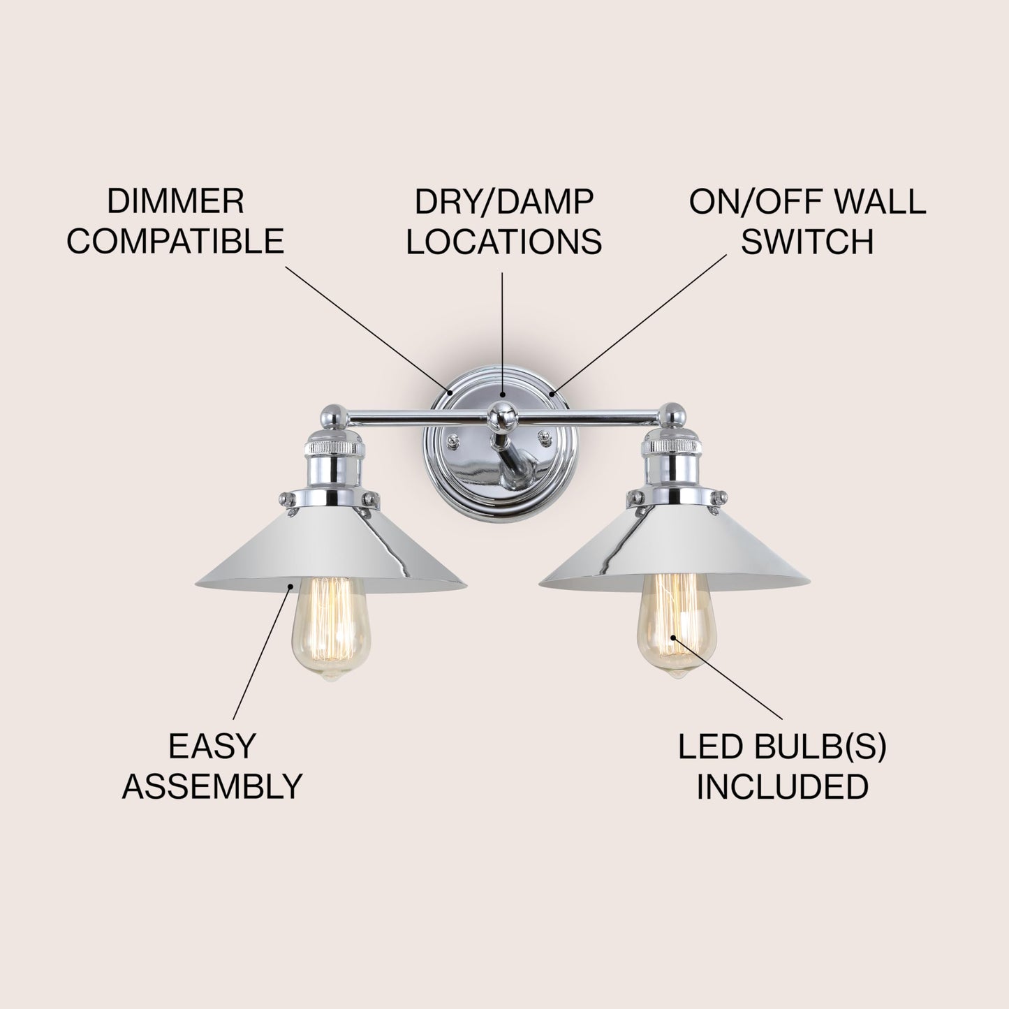 JONATHAN Y 17.5" Chrome 2-Light Industrial Farmhouse Metal Vanity Light Wall Sconce, Metal Shade for Bathroom Mirror, Kitchen, Entryway, LED Bulb