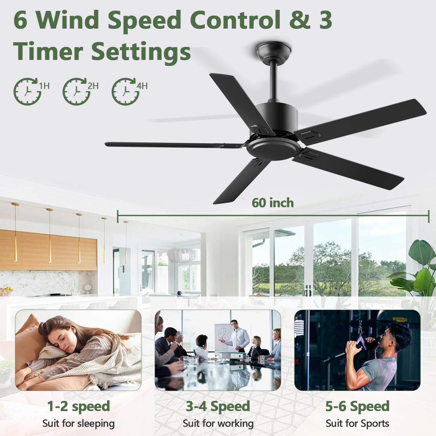 Obabala Outdoor Ceiling Fan No Light, 60 Inch Black Modern Ceiling Fan Without Light, Dual Finish 5 Blades,6 Speed, Reversible Quiet DC Motor