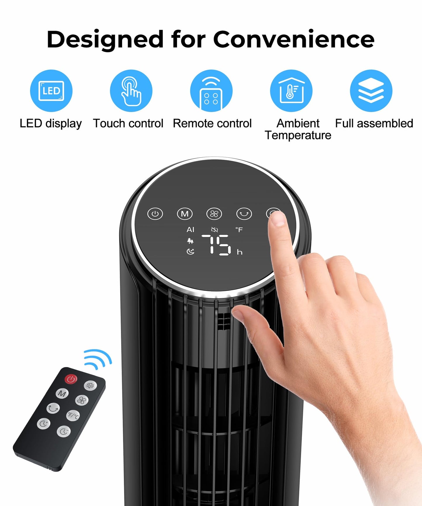 Abolee 13'' Bladeless Tower Fan for Bedroom, Black
