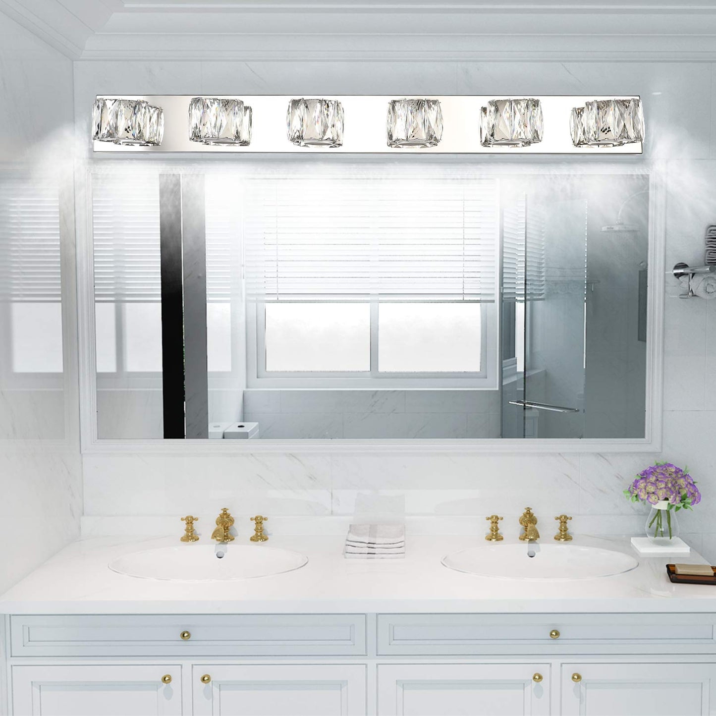 Aipsun 6 Lights 41in Crystal Vanity Lights Over Mirror Long Bathroom Lighting Fixture Modern LED Vanity Light for Bathroom,White Light 6000K
