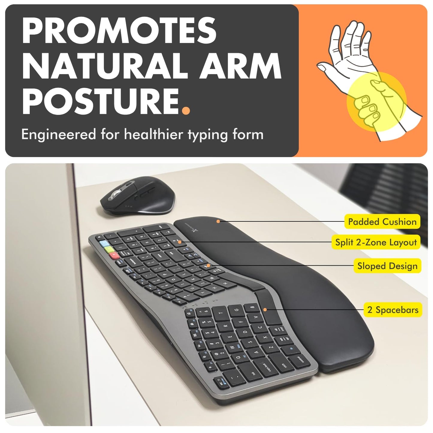 X9 Ergonomic Keyboard and Mouse Wireless Combo - Ergo Split Keyboard with Wrist Rest and Mouse, 2.4G and Bluetooth, Full-Size Wireless Carpal Tunnel