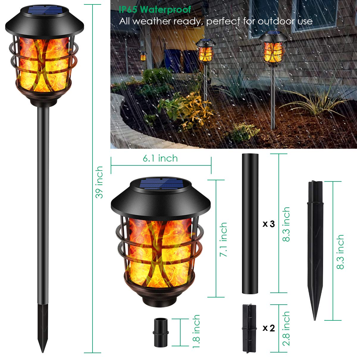 TomCare Solar Outdoor Lights Metal Flickering Flame Torches Waterproof Heavy Duty Pathway Landscape Lighting Dusk to Dawn Auto On/Off for Garden Patio