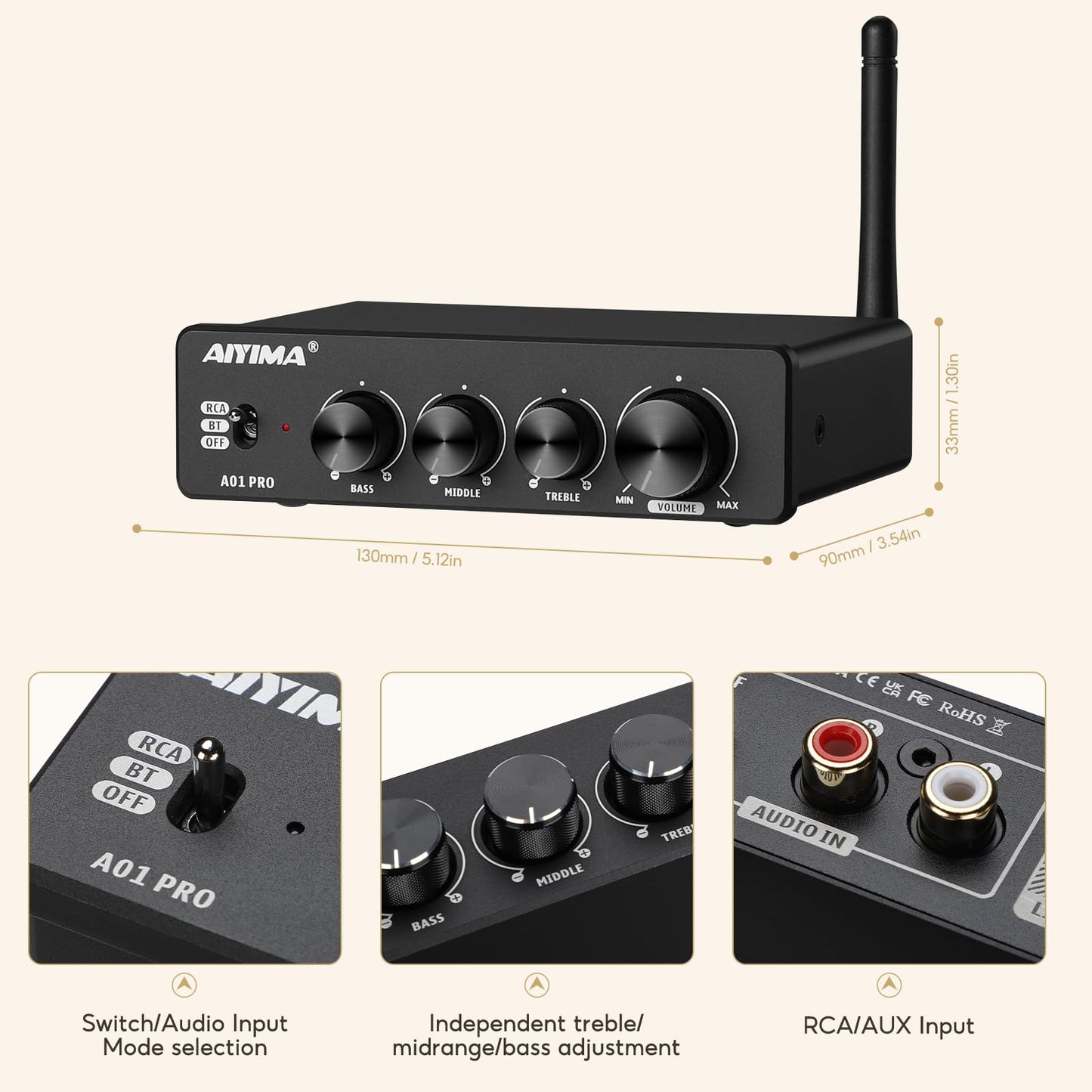 AIYIMA A01 Pro 100W x 2 Power Amplifier Bluetooth 5.1 Class D Amp TPA3116 2.0/2.1 Channel Stereo Amplifier Receiver Mini Speaker Amp with 3.5mm AUX