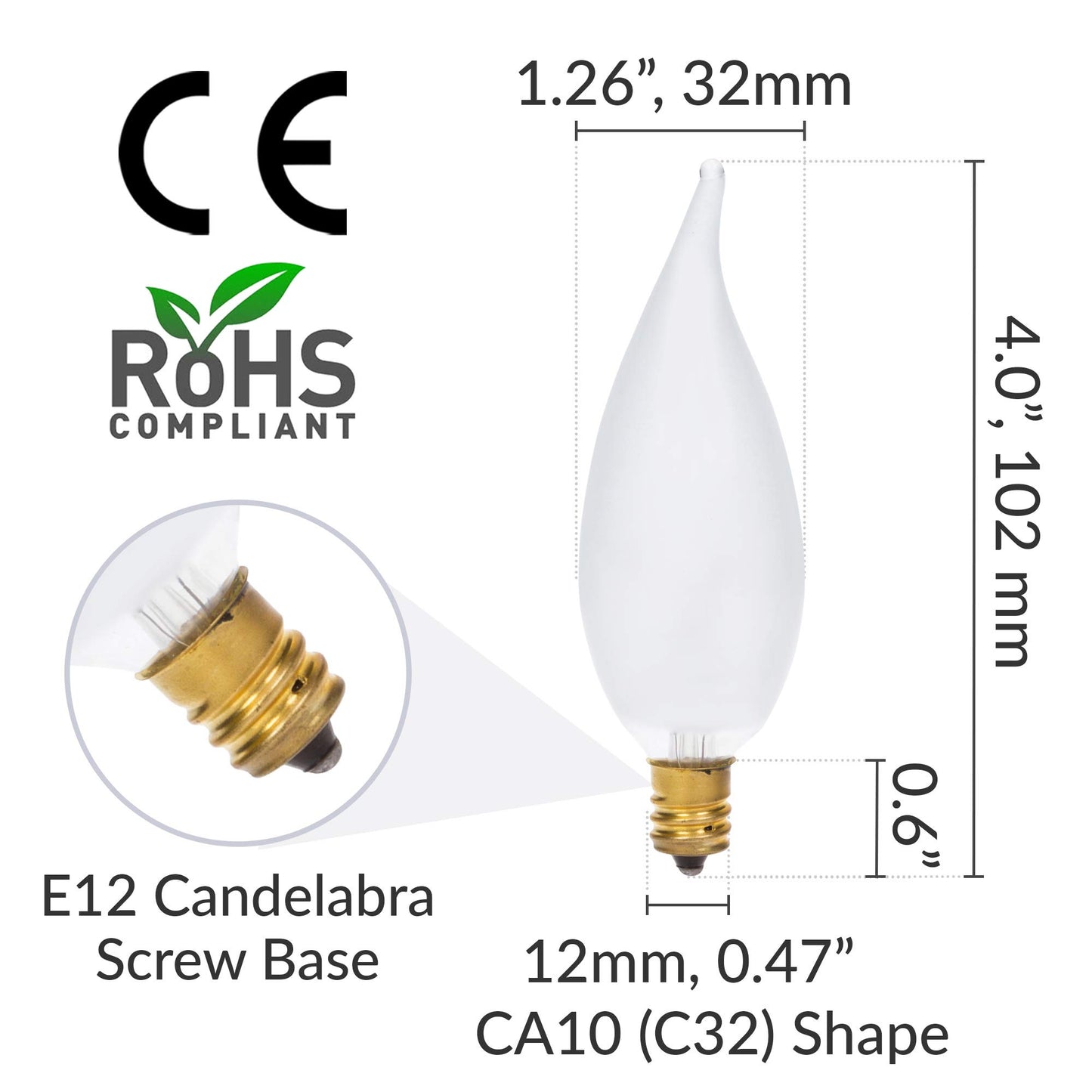 Simba Lighting Candelabra Flame Tip Frosted CA10 25W E12 Base 120V, 12 Pack