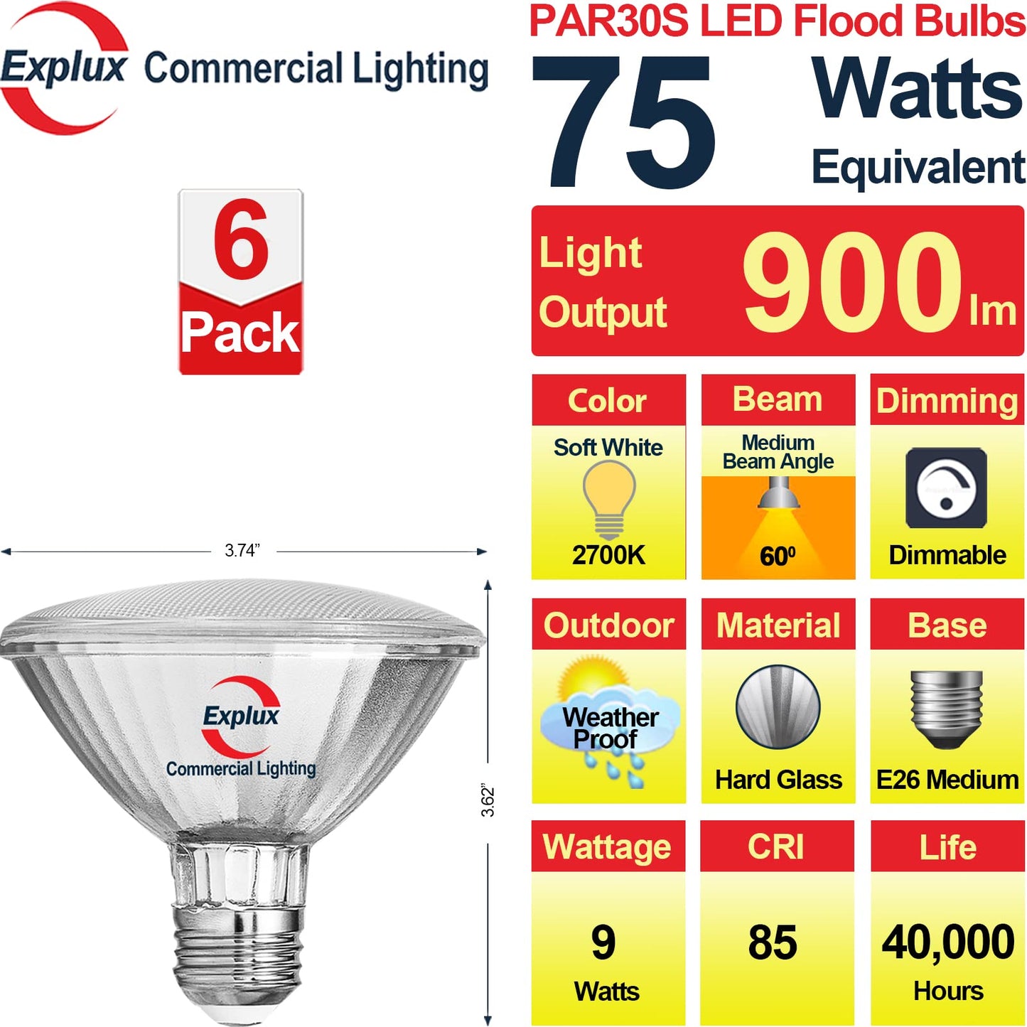 Explux Full Glass PAR30 Short Neck LED Bulb, 75W Eq., Soft White 2700K 6-Pk