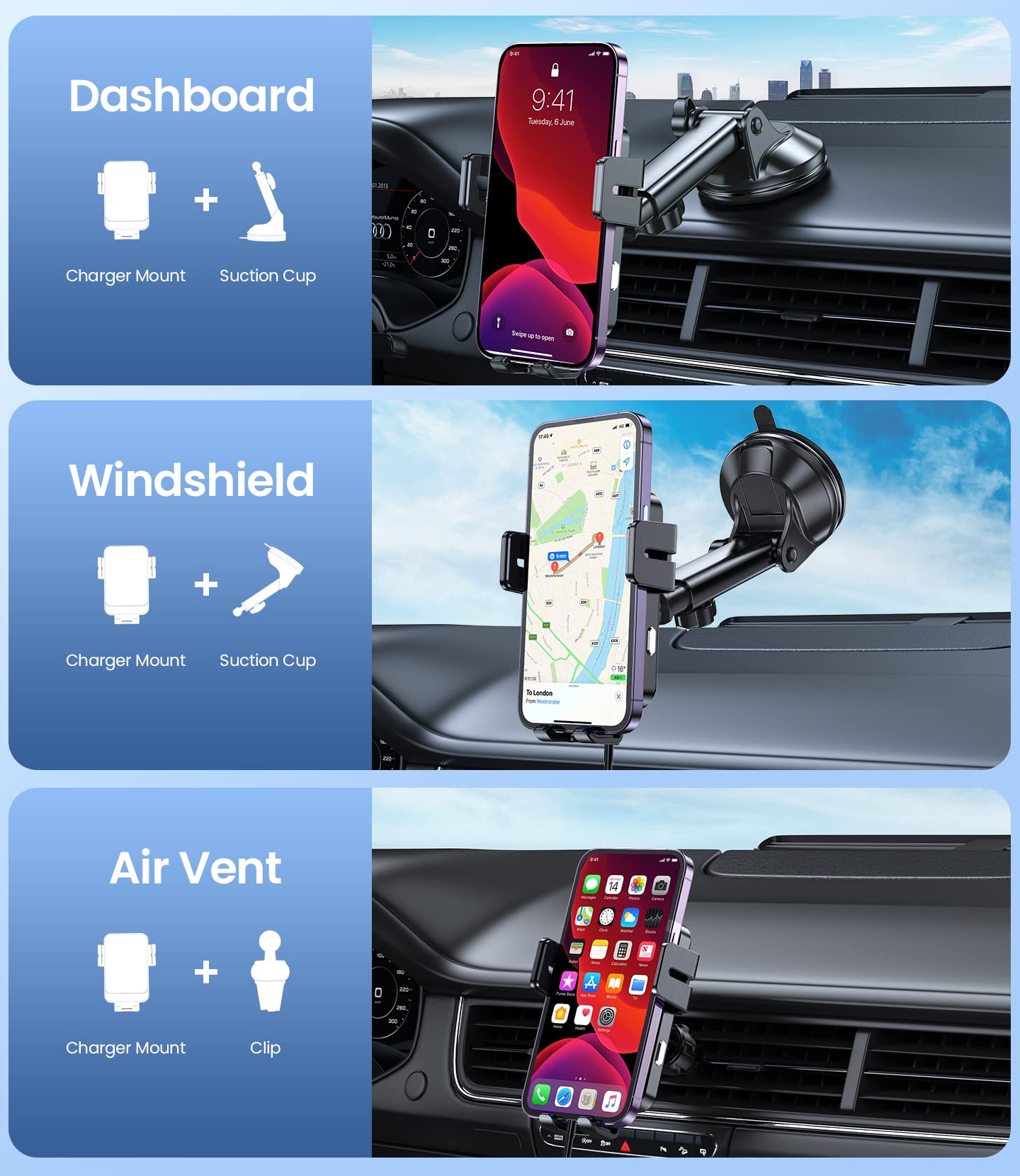 Wireless Car Charger, MOKPR 15W Fast Charging Auto-Clamping Car Mount Universal Hands-Free Car Charger Mount for Dash Windshield Air Vent Compatible