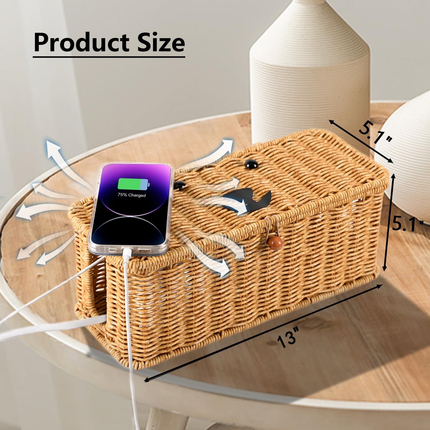Cord hider box,Imitation rattan cable management organizer storage box with lid 2 open slots extension cord keeper charging basket cover under desk