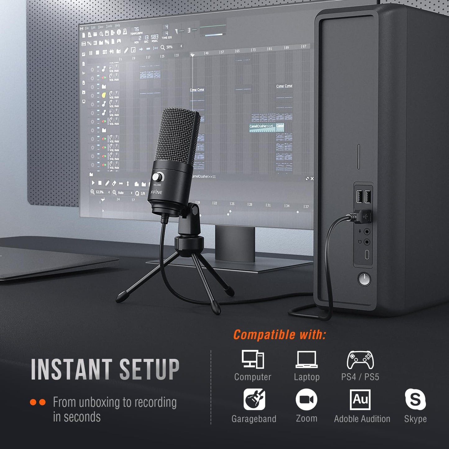 FIFINE USB Microphone, Metal Condenser Recording Microphone for MAC OS, Windows, Cardioid Laptop Mic for Recording Vocals, Voice Overs, Streaming