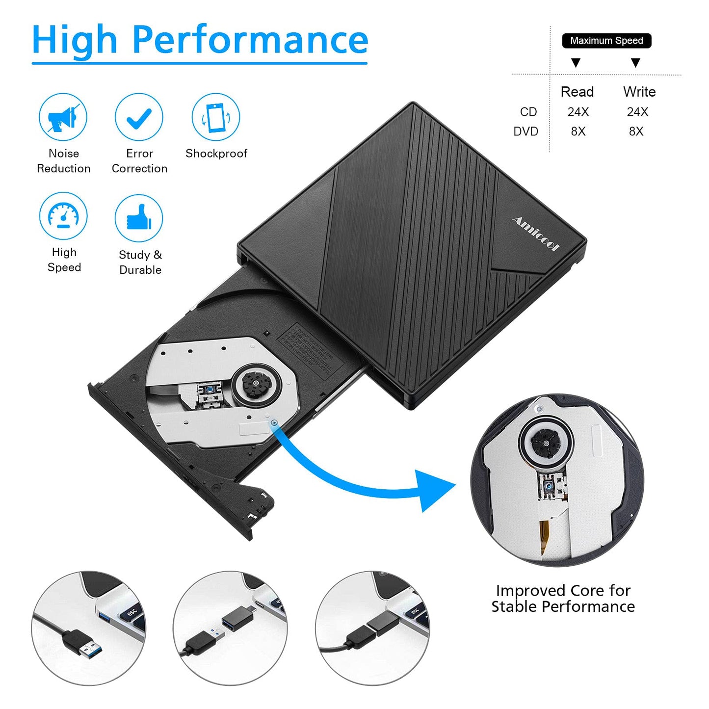 Amicool External DVD Drive USB 3.0 USB C CD Burner CD/DVD +/-RW Optical Drive, Slim Portable DVD CD ROM Rewriter Writer Duplicator for Laptop Desktop