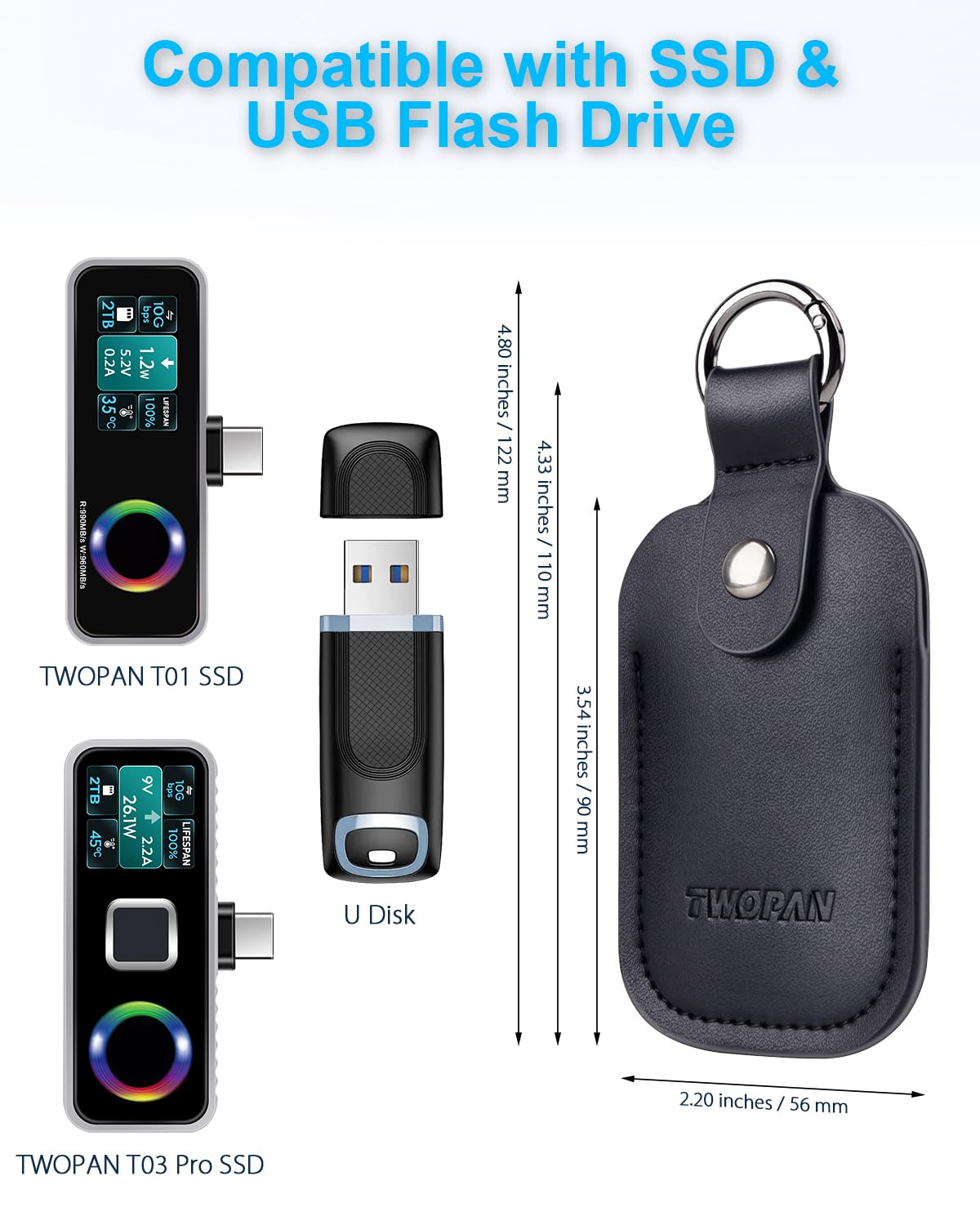 TWOPAN Genuine Leather SSD/USB Flash Drive Case, Portable Hand-Stitched Protective Pouch for 512GB/1TB/2TB SSD, Lightweight Travel Organizer