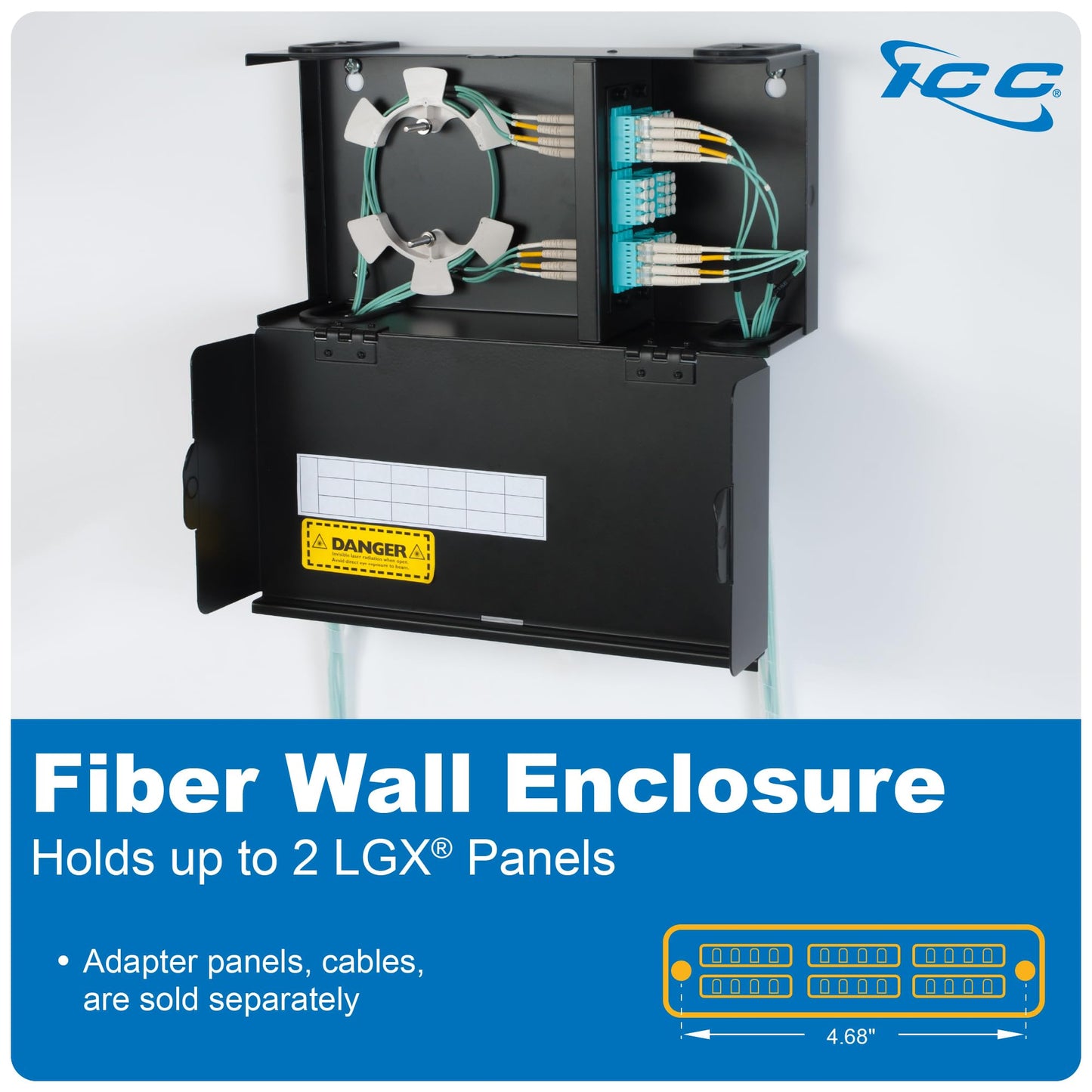 ICC Fiber Optic Wall Mount Enclosure - 2 Slots for LGX Compatible Adapter Panels or Cassettes (Sold Separately), Fiber Enclosure Supports up to 48