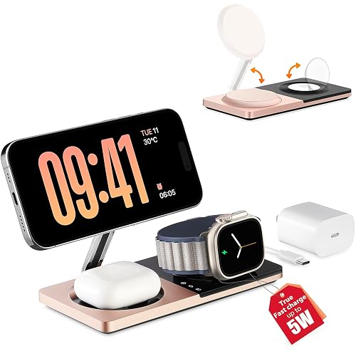 3 in 1 Charging Station for Apple Devices: Mag-Safe Charger Stand Fast Charging, Wireless Charger for iPhone 17 Air 16 15 14 13 12 Series, Apple Watch