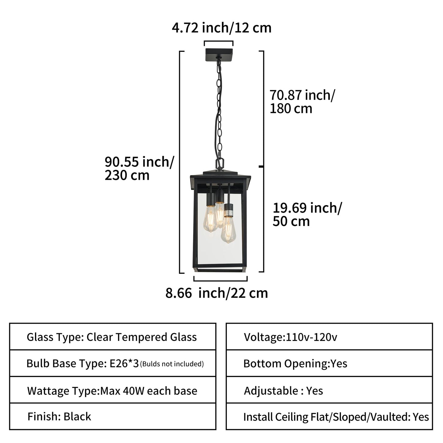 Outdoor Hanging Light Fixture 3-Light, Modern Black Metal Outside Chandelier Exterior Hanging Fixture Ceiling Mount with Clear Glass Shade for Front