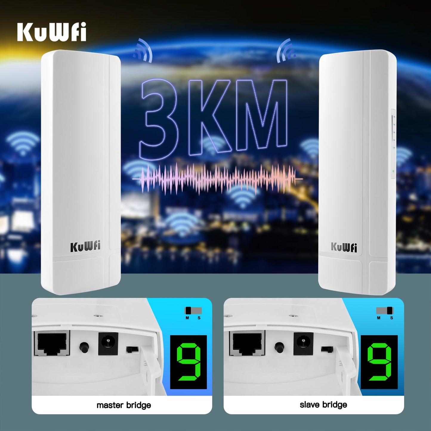KuWFi 5.8G 3KM Gigabit Wireless WiFi Bridge Point to Point Outdoor Work for Starlink Satellite Signal Extend Outdoor Super Long Range WiFi Router