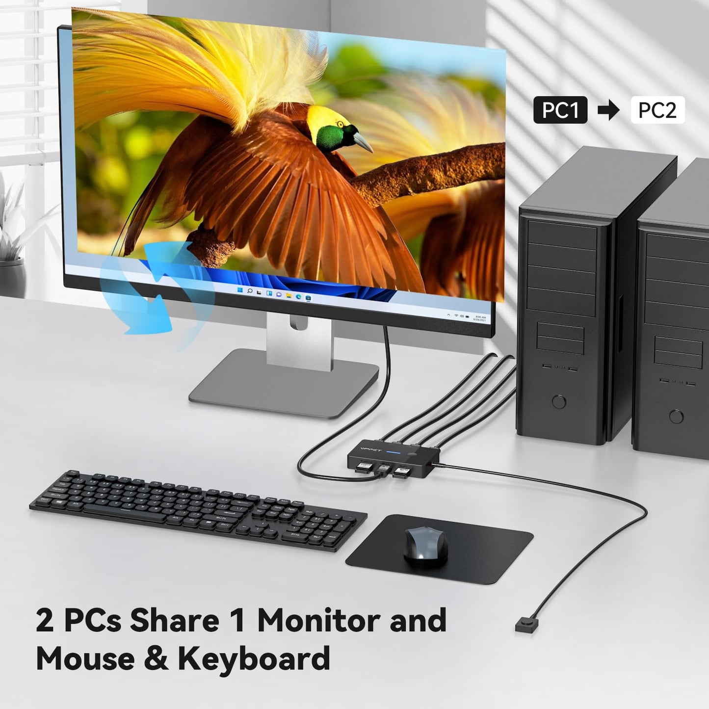 HDMI KVM Switch 1 Monitors 2 Computers 4K@60Hz USB KVM Switches 2 Ports for 2 PC Sharing Single Monitor and Keyboard Mouse with Wired Extend
