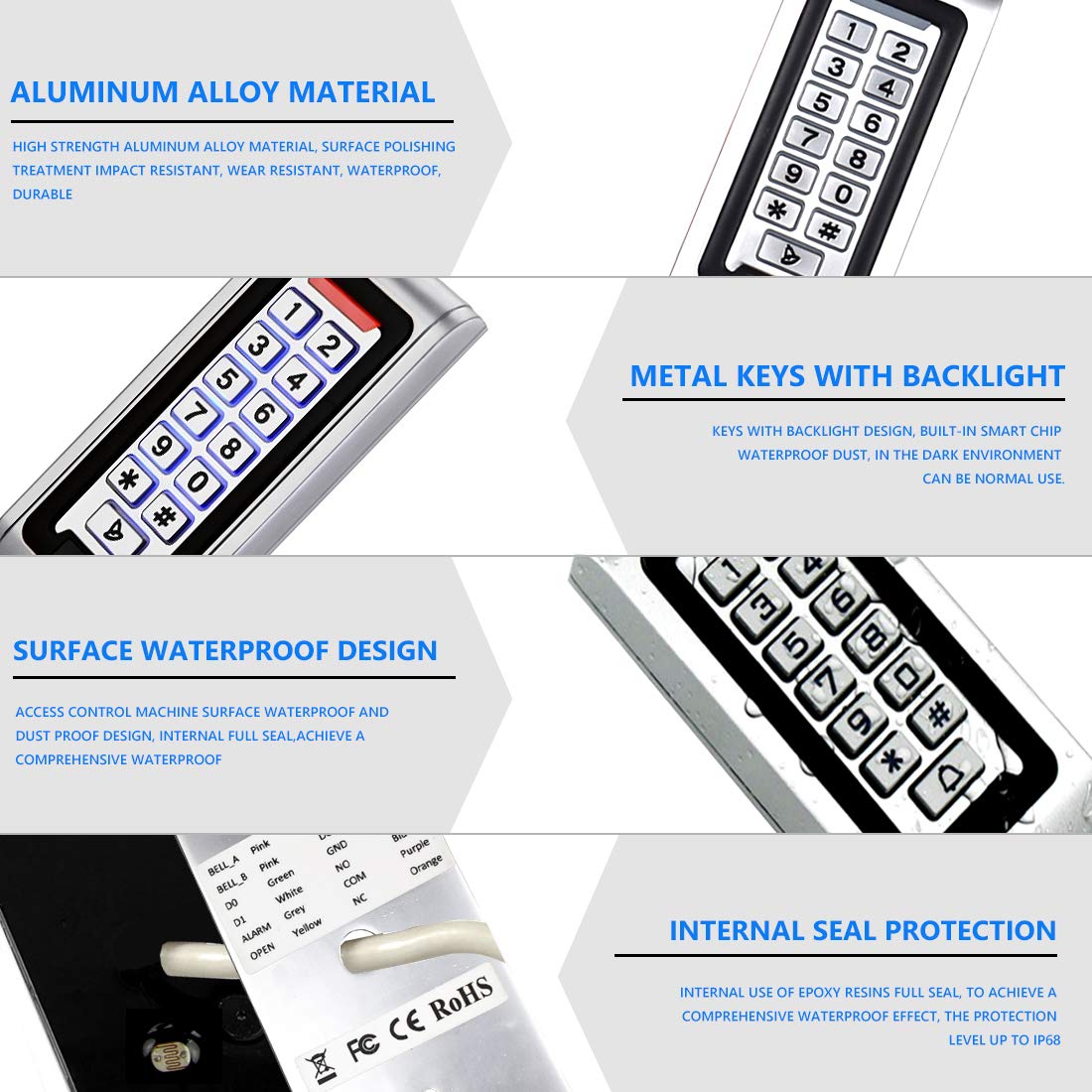 Door Access Control System Stand-Alone Password Keypad + 5PCS Proximity Keychains, Support 2000 Users Card Reader, Weatherproof, Backlight, Zinc Alloy