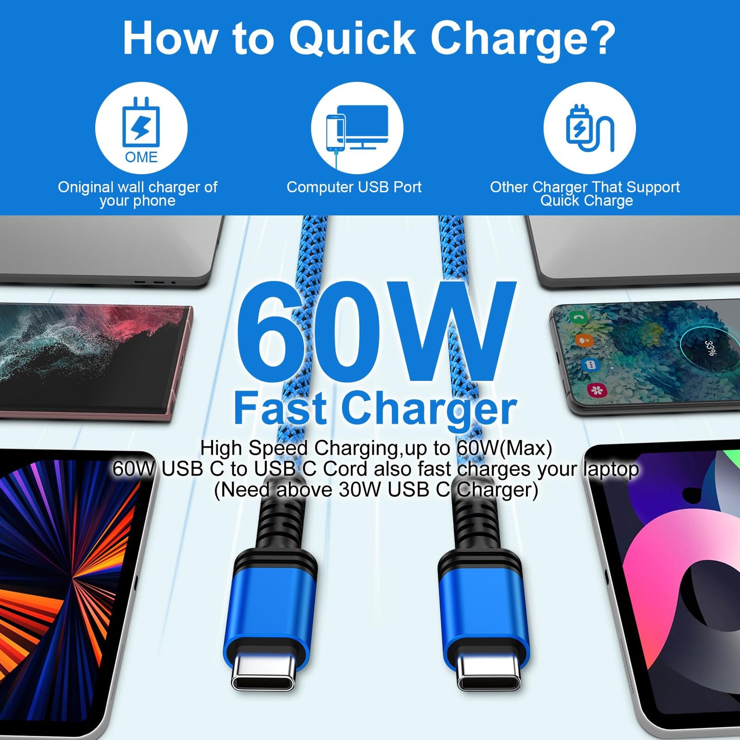 USB C to USB C Charger Cable for Samsung Galaxy S25 Edge Ultra A16 5G A36 A26 A56 A15 A35 S24 FE, 6FT 60W Super Fast Samsung Charger Cable Type C to C