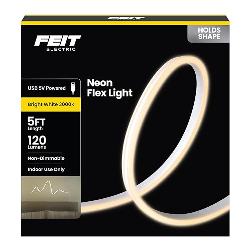 Feit Electric 5ft Indoor USB-Powered White Neon Flex Light, 120 Lumens, 3000K Bright Glow, 25,000-Hour Lifetime, Easy-to-Shape Display Lighting