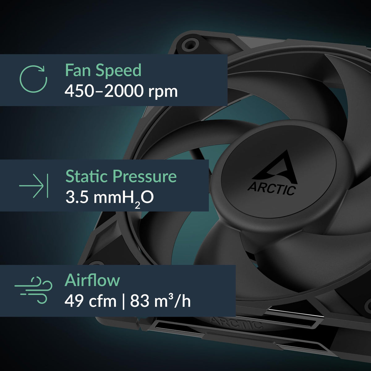 ARCTIC P12 Pro LN - Low-Noise Premium Fan, 120 mm PWM Fan, 450-2000 RPM, 0 RPM <5% PWM, Fluid Dynamic Bearing, 4-Pin - Black