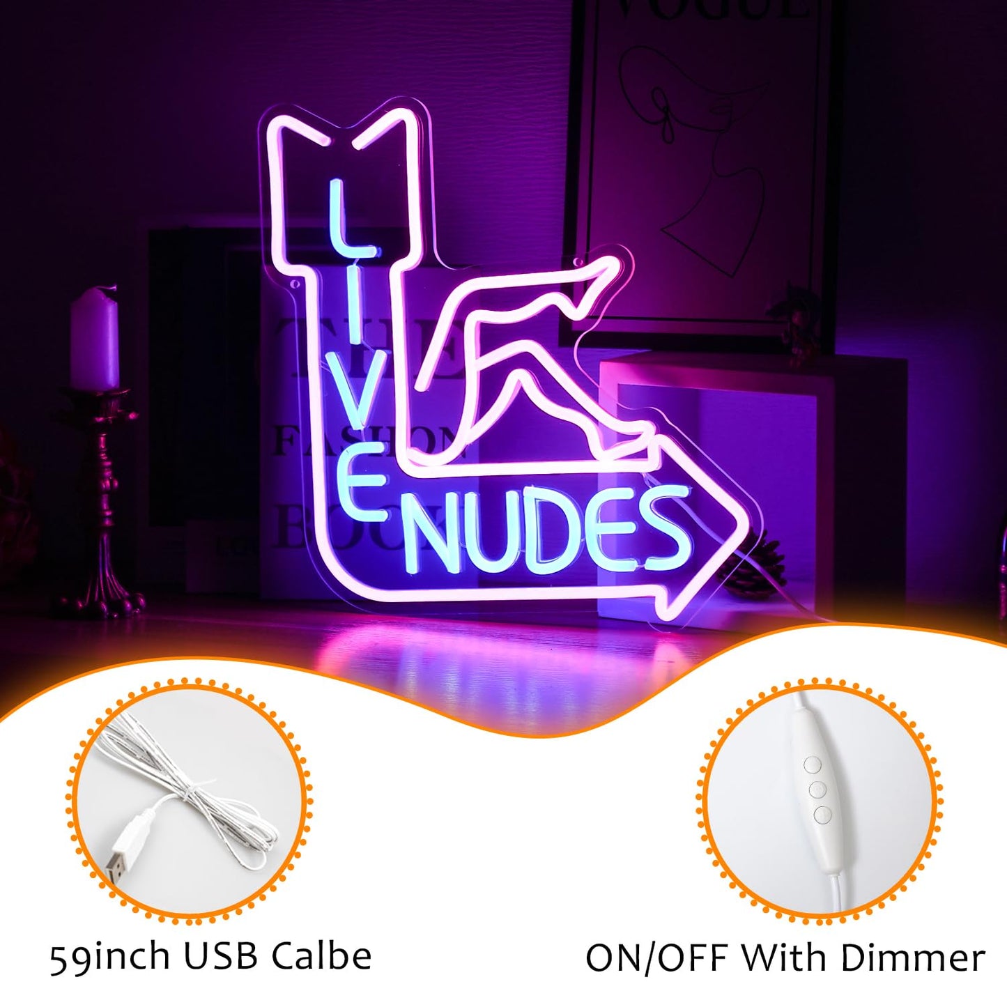 Live Nudes Neon Sign - Cool LED Sign, Pink & Blue, Dimmable USB Powered, Wall Decor for Man Cave, Beer Bar