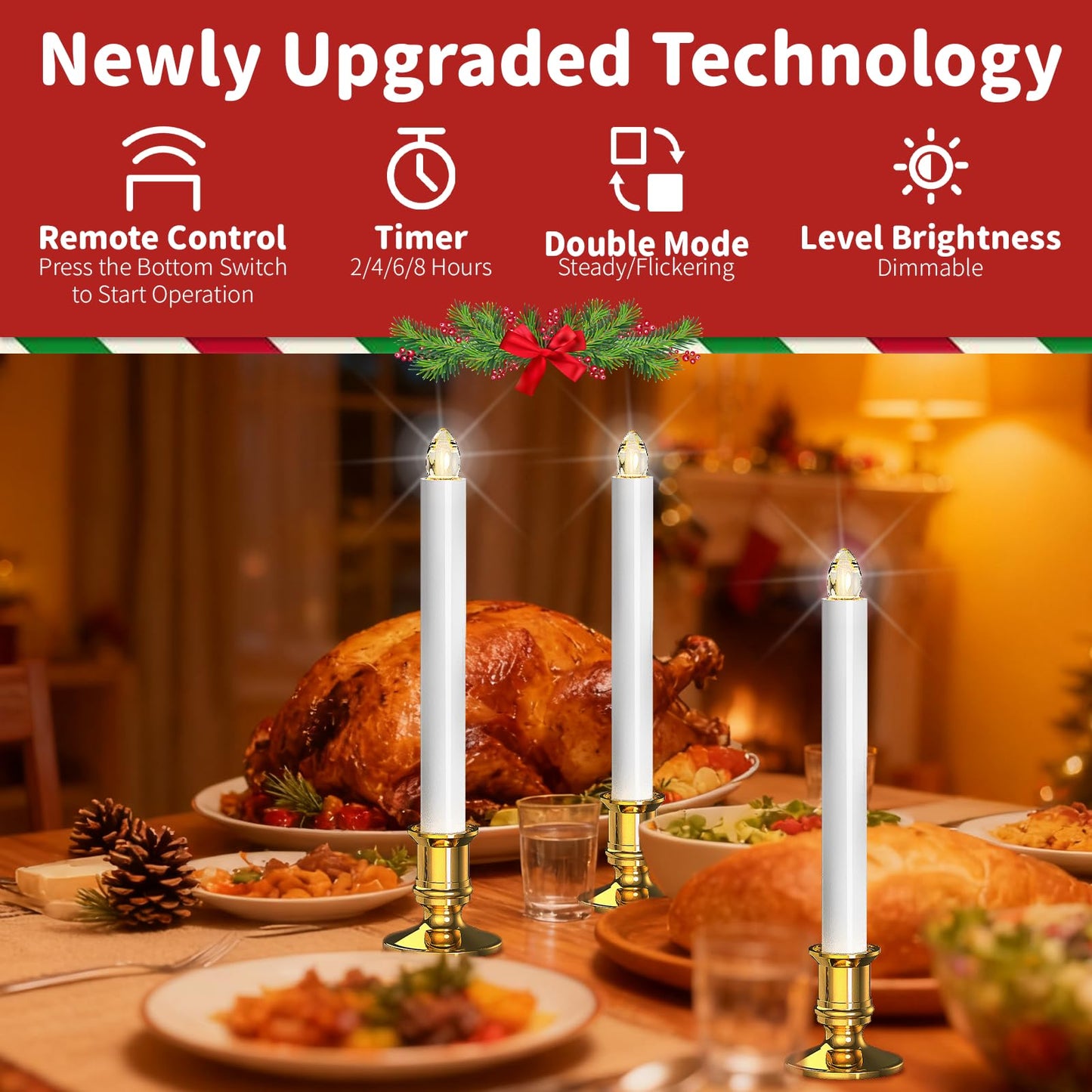 Christmas Window Candles, 8pcs Christmas Flameless Taper Candles Battery Operated with Remote & Timer, Candlestick, Suction Cups