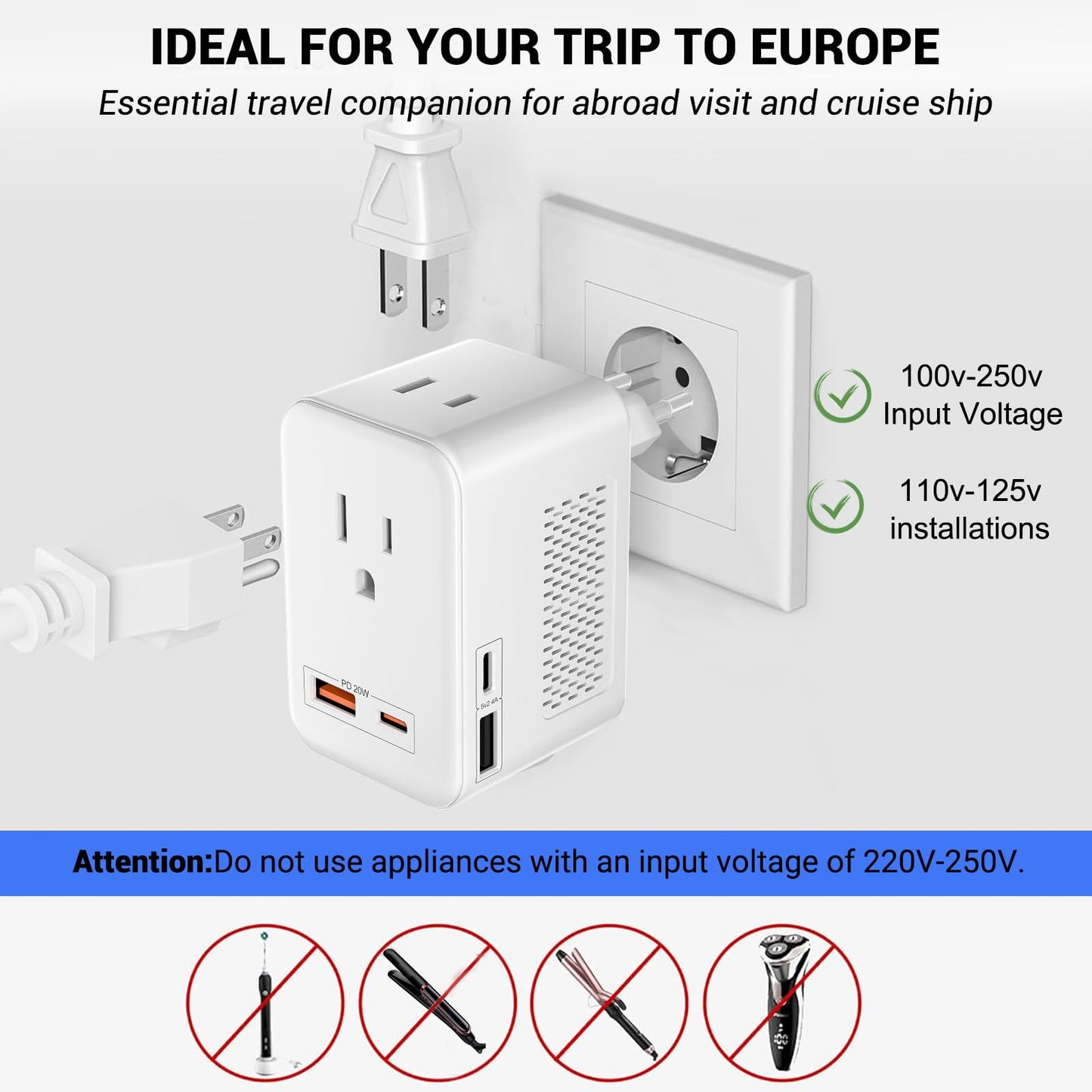 SARQW 220V to 110V Voltage Converter Plug – USA to Europe Travel Adapter with 2 USB, 2 USB-C PD 20W & 2 AC Outlets International Power