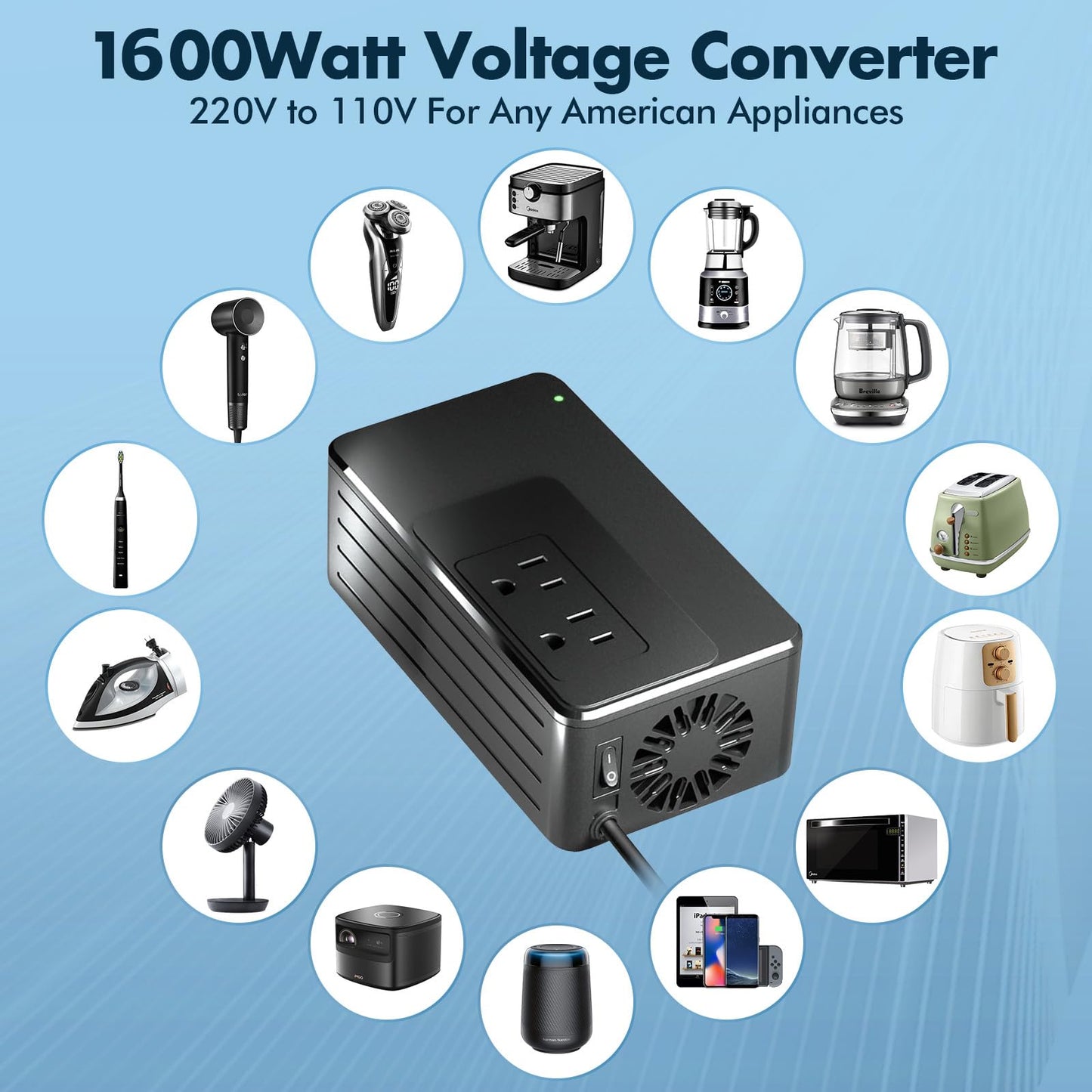 1600W Universal Travel Converter Step-Down 220V to 110V, Pure Sine Wave, for All American Appliances, Lightweight 2lbs