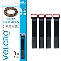 VELCRO Brand VEL-30791-AMS Elastic Cinch Straps with Buckle | 8in x 1in, Pk of 4 | Fully Adjustable and Stretch for Snug Fit | for Fastening Power