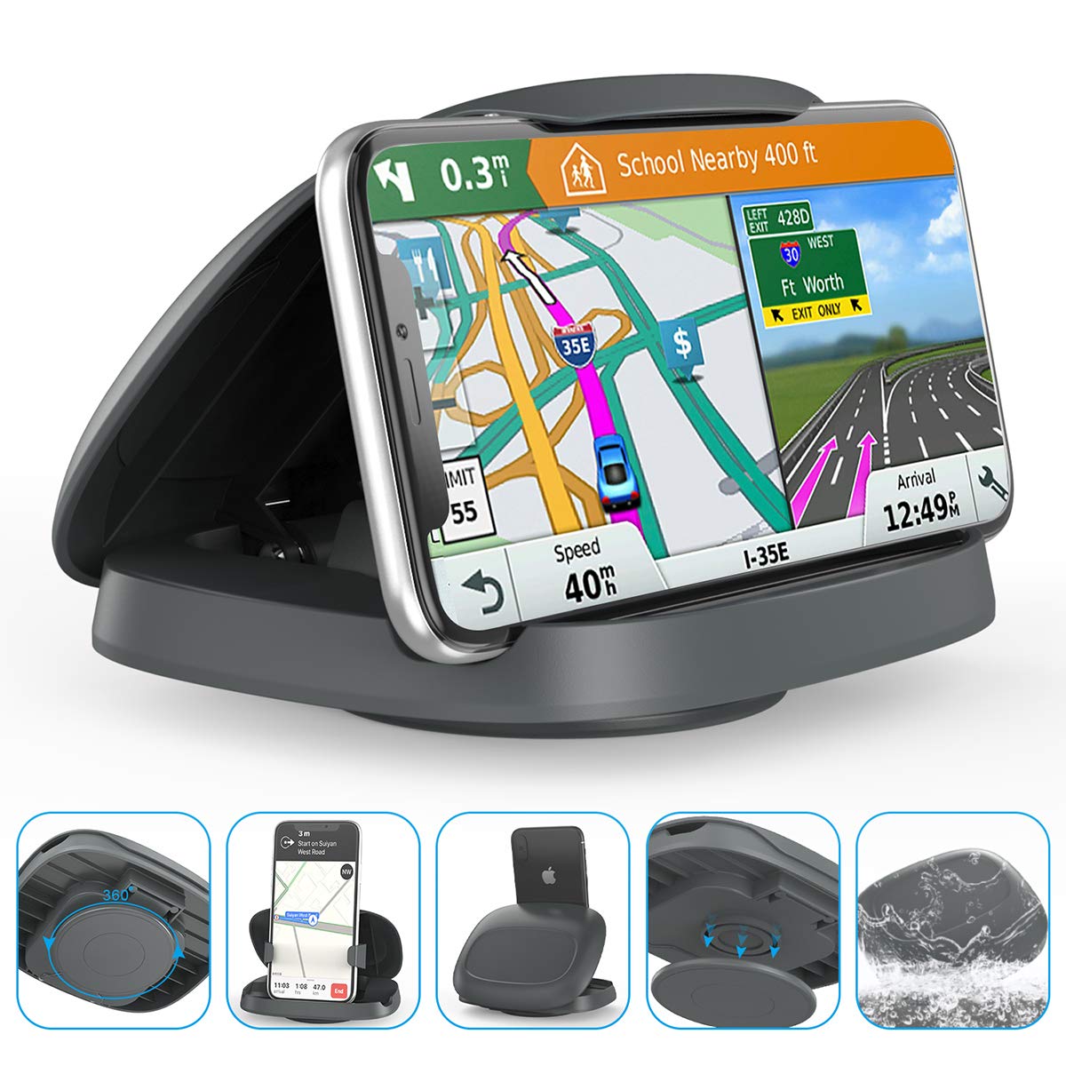Tophot Car Phone Mount, Cell Phone Holder for Car : Vertical Horizontal Car Phone Holder with 360° Rotate Detachable Strong Sticky Base, Compatible