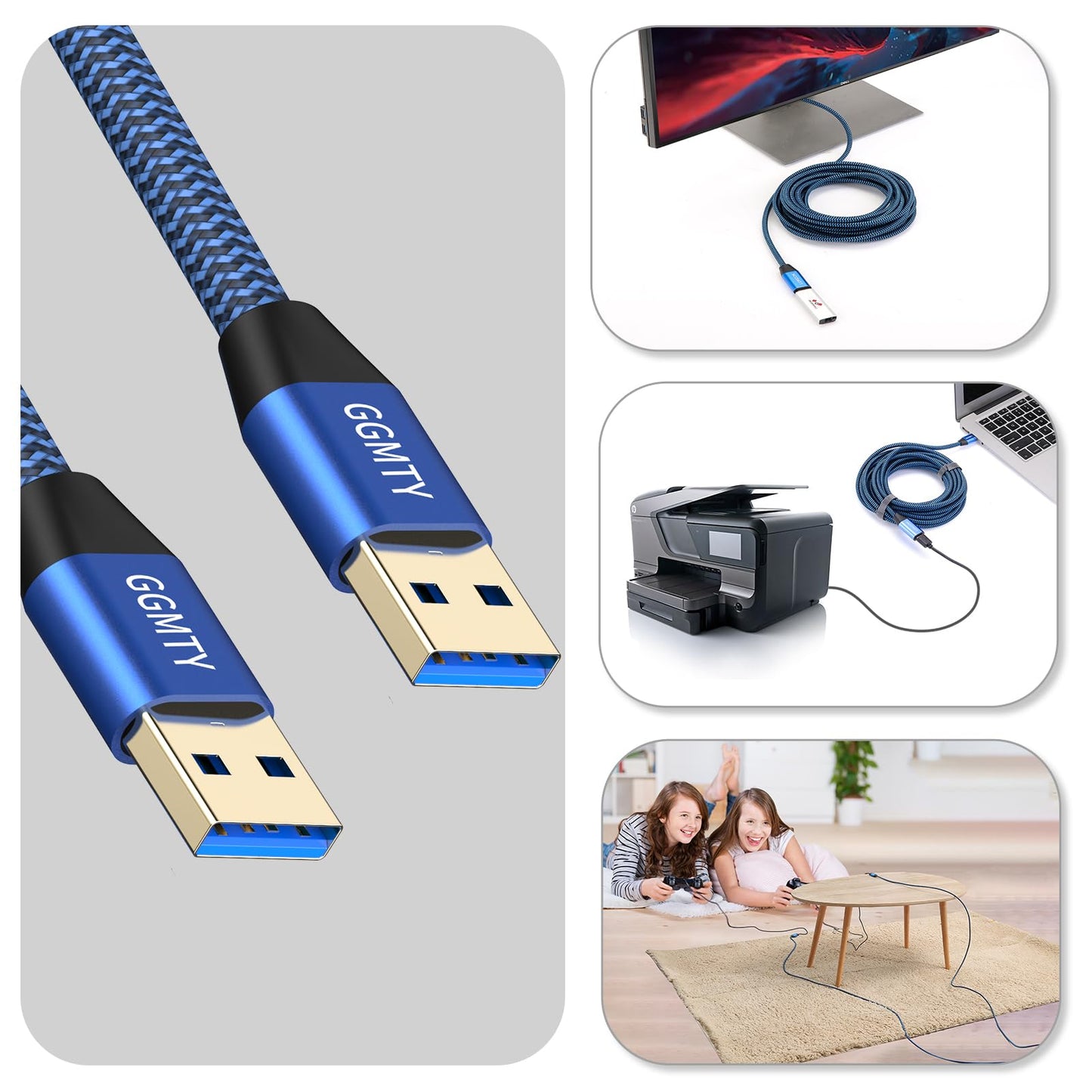 USB to USB Cable 25FT,Durable Braidedfor USB 3.0 Male to Male Type A to Type A Cable Data Transfer Compatible with Hard Drive, Laptop, DVD Player, TV