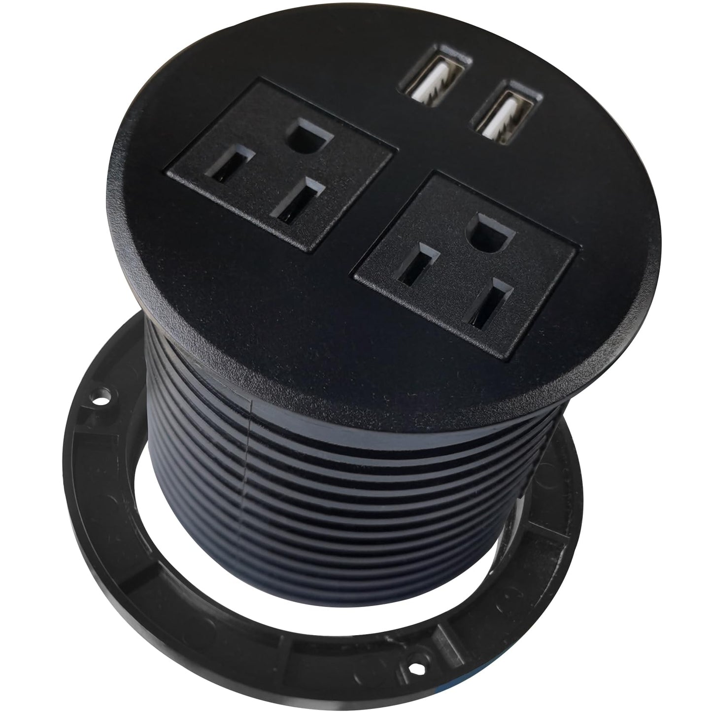 ApexDesk Desktop Power Grommet with Two Power Sockets, Two Quick USB Charging Ports, 6ft Power Cord and Lock Ring (Black)