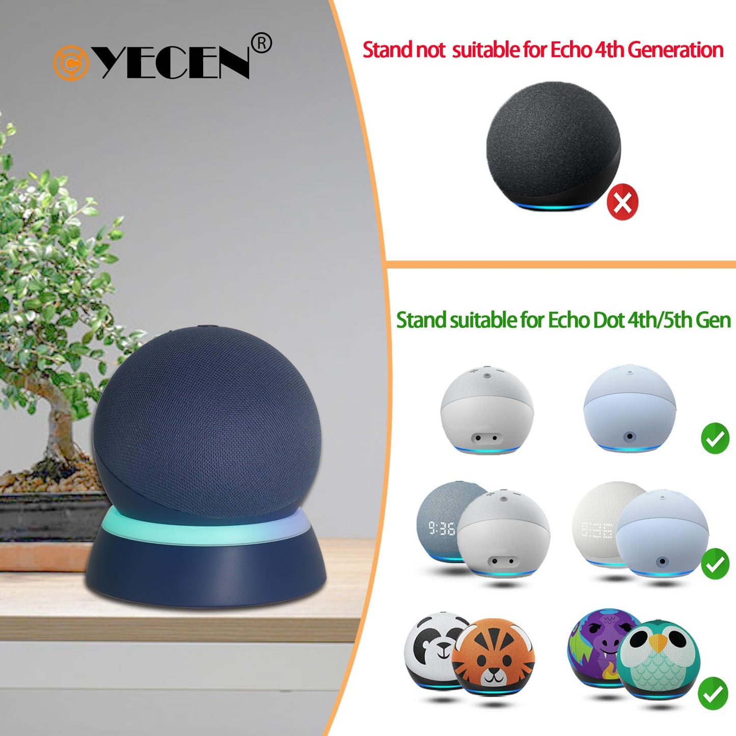C YECEN Table Stand for Echo Dot 5th & 4th Generation Desktop Holder Mount,Base Bracket with Light Guide and with Built-in Cable Management,Deep Sea