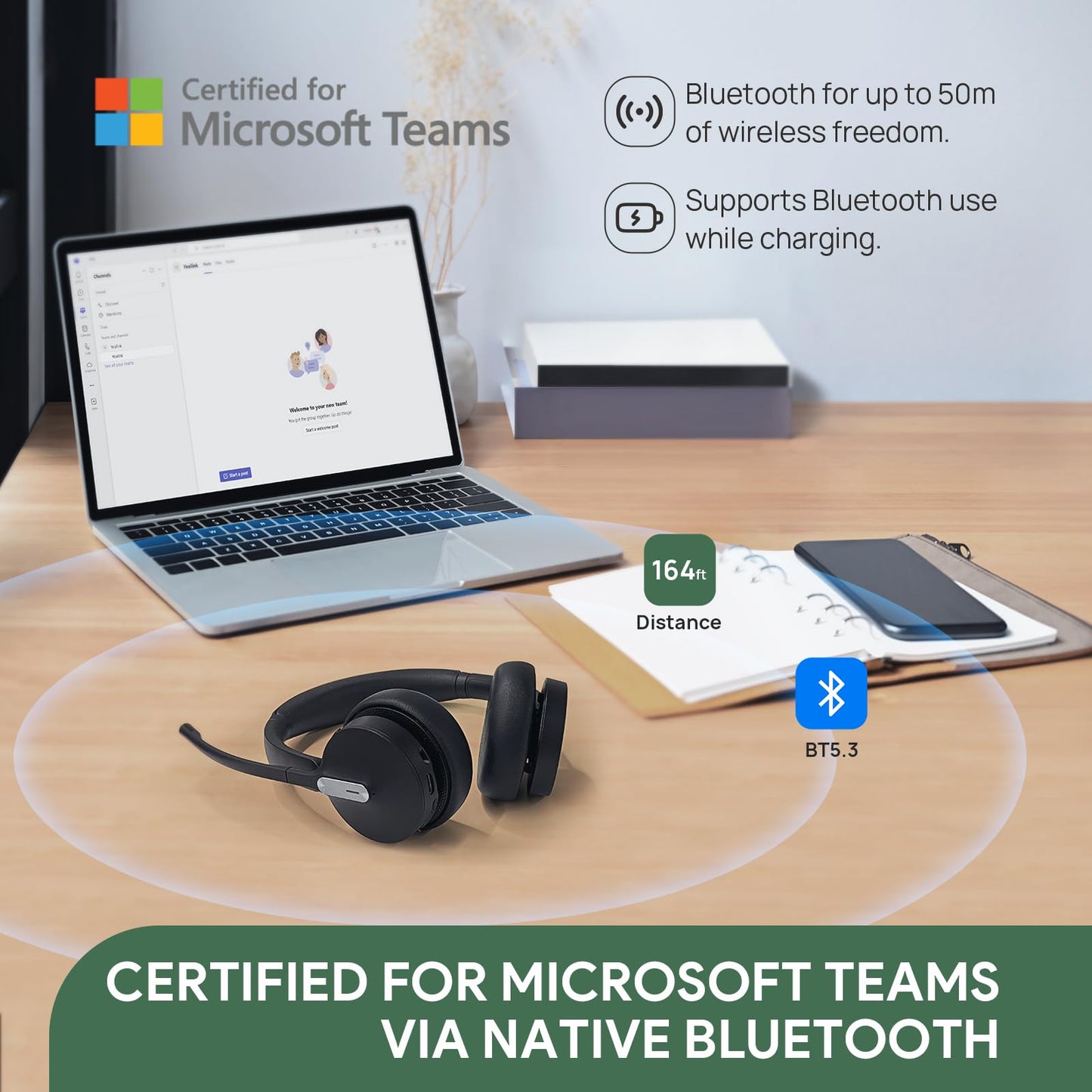 Yealink BH70 Dual Wireless Headset with Mic for Work, Bluetooth Headphone with Teams Certification, up to 35h Talk Time, 147g All-Day Wearing Comfort