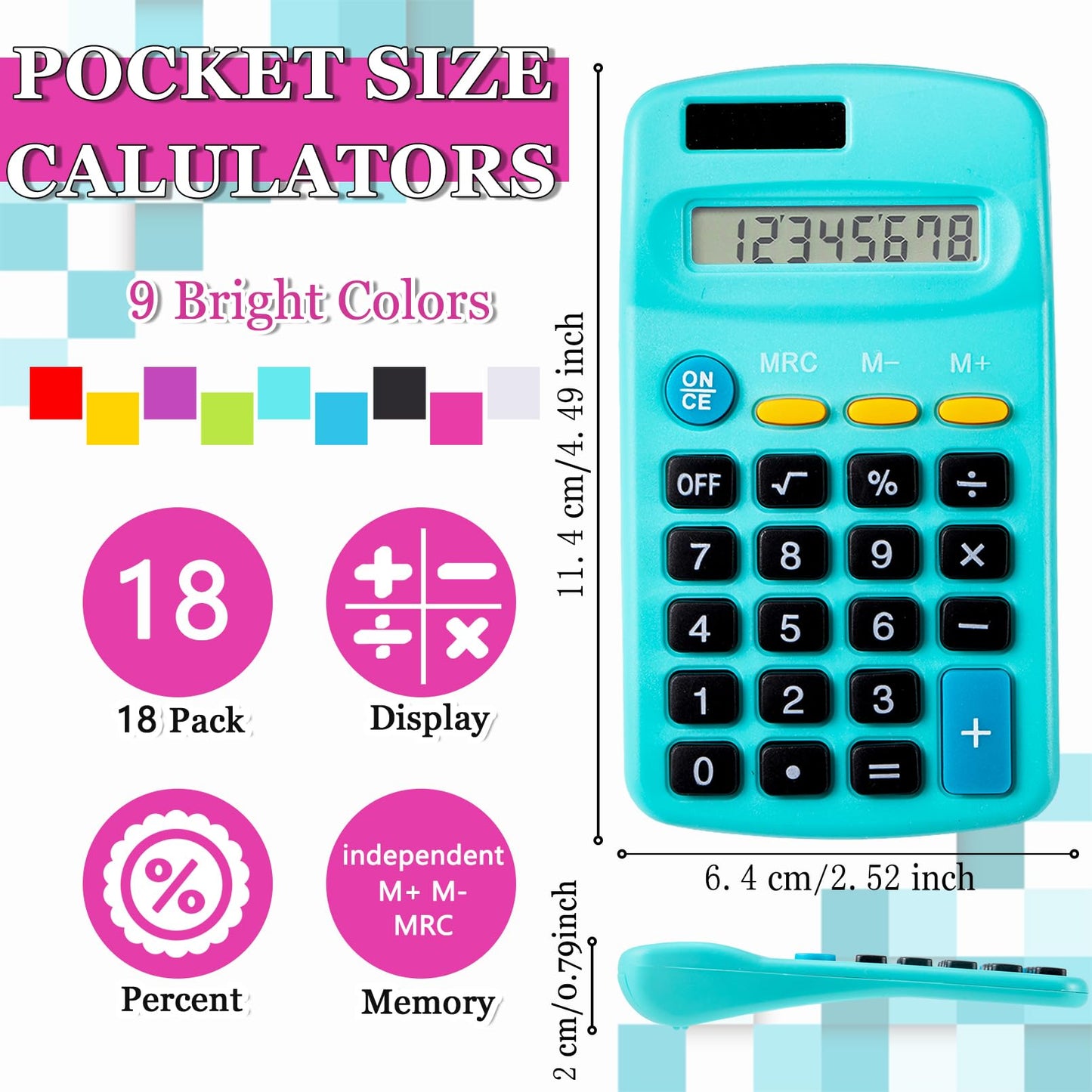 Enjamyo 18 Pack Mini Pocket Calculators, Pocket Size Mini Calculators, 8 Digit Display Basic Calculator,Solar Battery Dual Power Function Calculator
