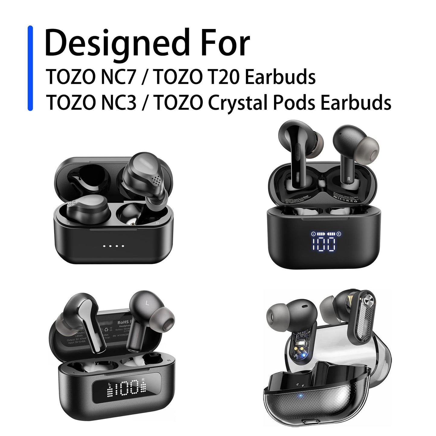 NANLANFAN Replacement Silicone Ear Tips for TOZO NC7 / TOZO T20 / TOZO NC3 / TOZO Crystal Pods Wireless Earbuds, 6 Pairs (S/M/L, Black)