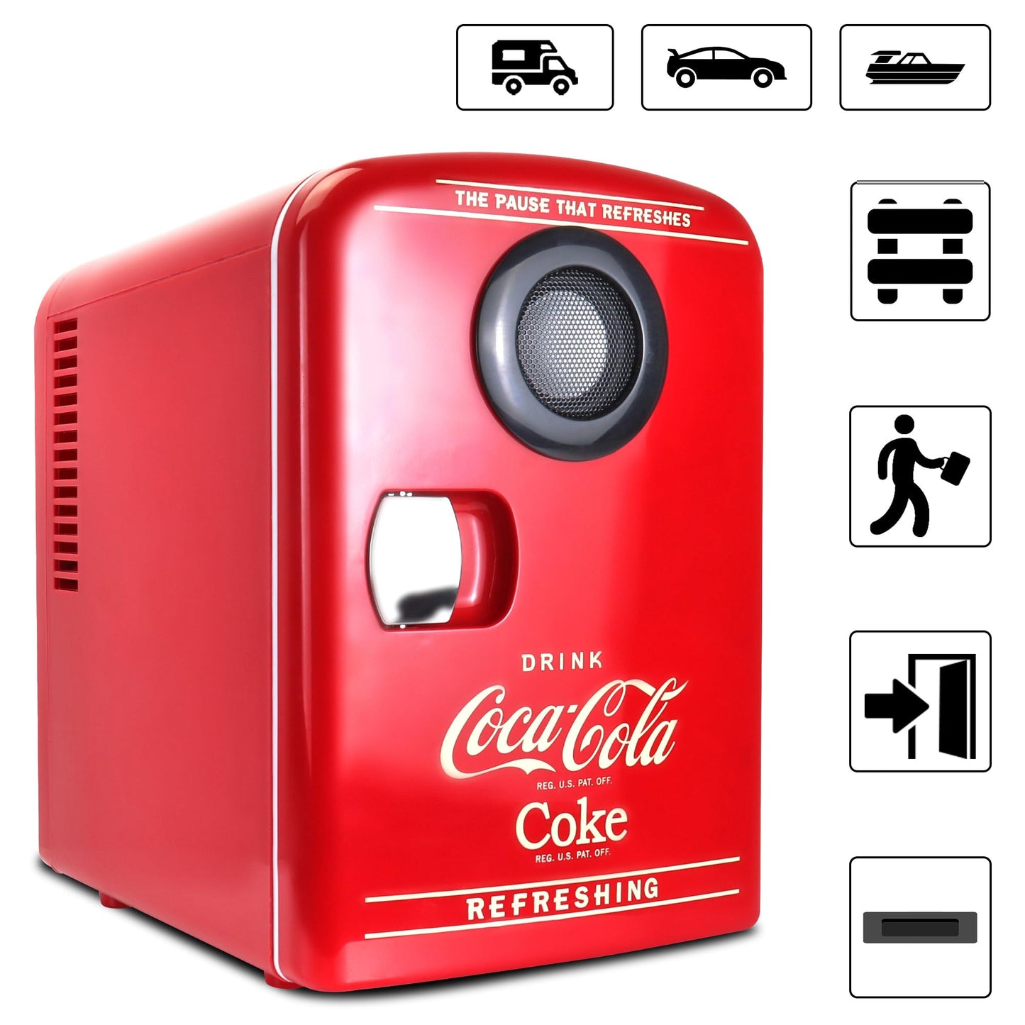 Coca-Cola 12V Portable Bluetooth Speaker Mini Fridge, AC/DC Power Cords Included, Compact Speaker and Personal Cooler/Warmer for Desk Office Dorm