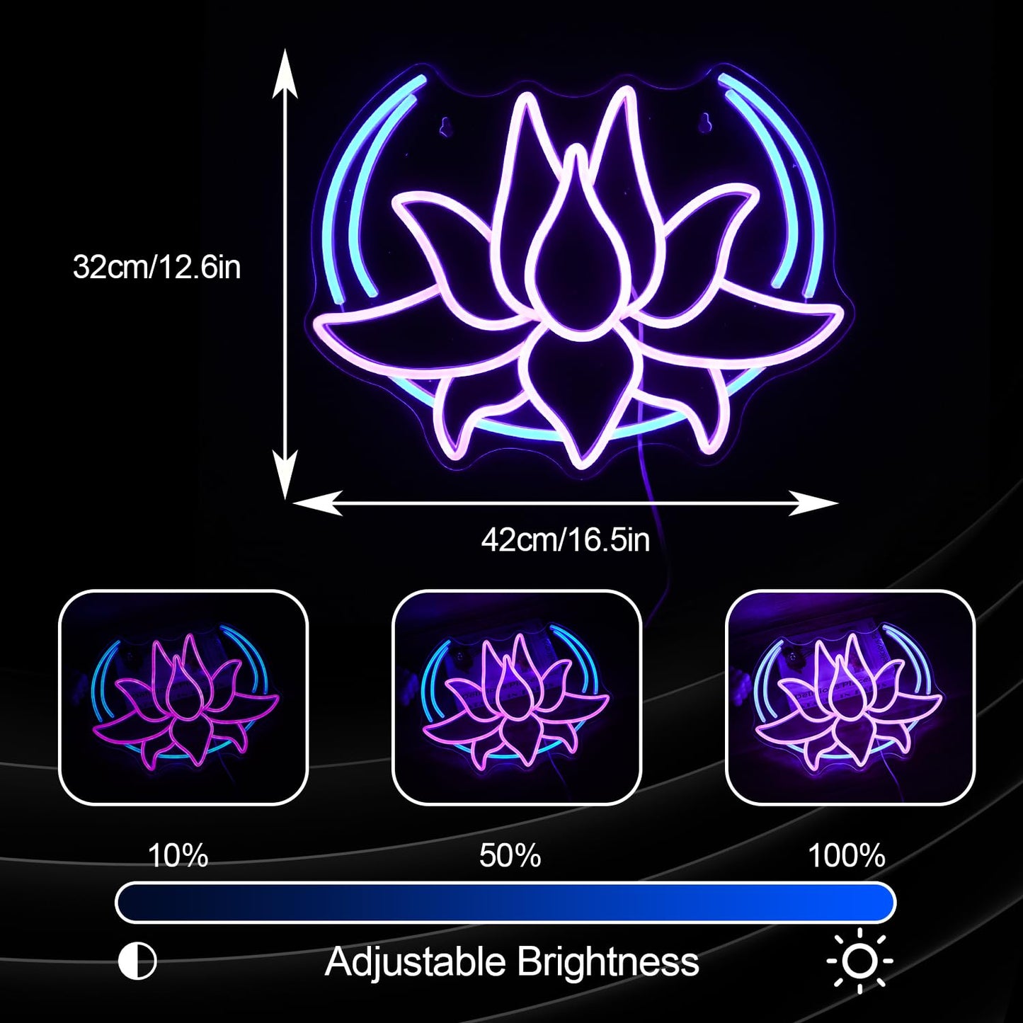 BNEMCEZH Moon Lotus Flower Neon Sign Dimmable Blue Moon Neon Light Sign for Wall Decor USB Power Purple Lotus Led Light Up Sign for Bedroom Yoga Room