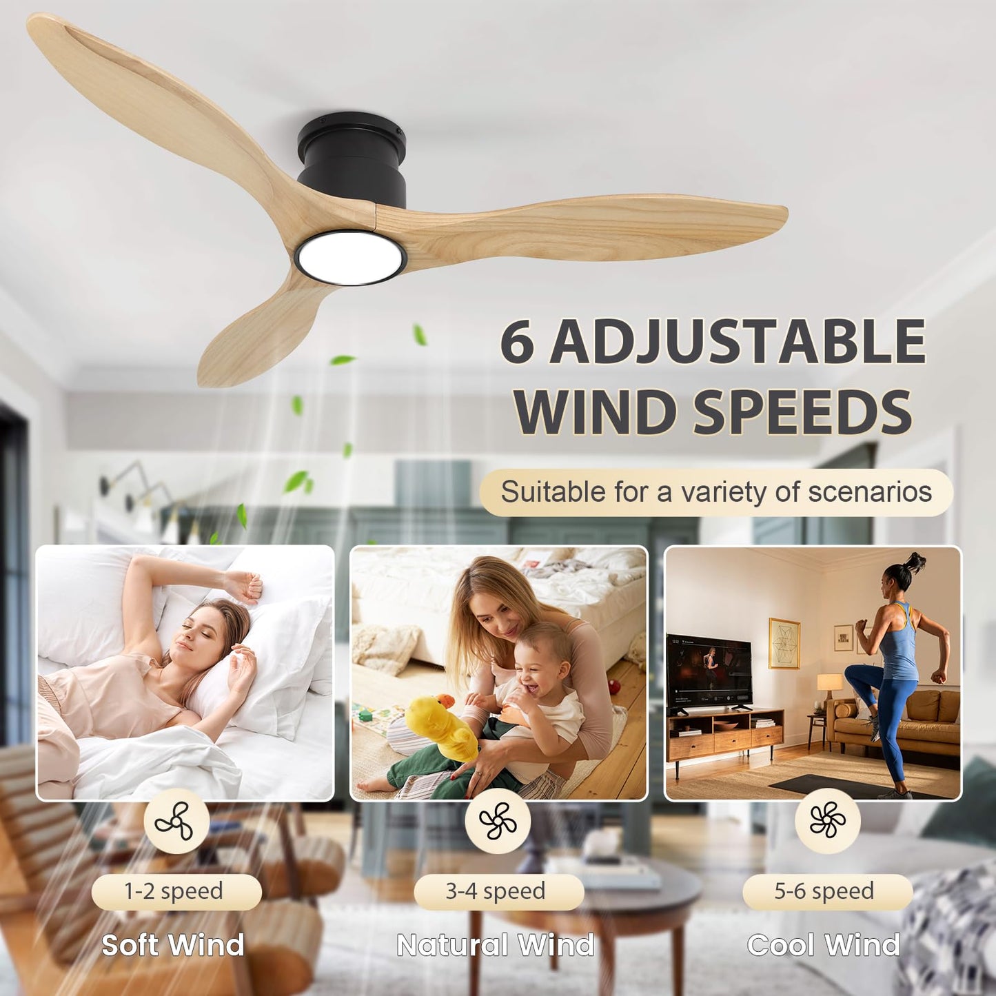 revoici 52" Ceiling Fan, Solid Natural Wood Low Profile Flush Mount