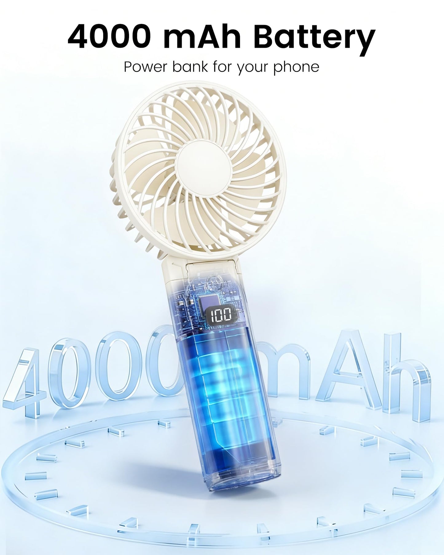 Novauxlume Folding Hand Fans, 4000mAh Handheld Fan Rechargeable, Portable Fan Handheld 15H Runtime, 3 Speed Ultra Quiet, 180° Foldable 3-in-1