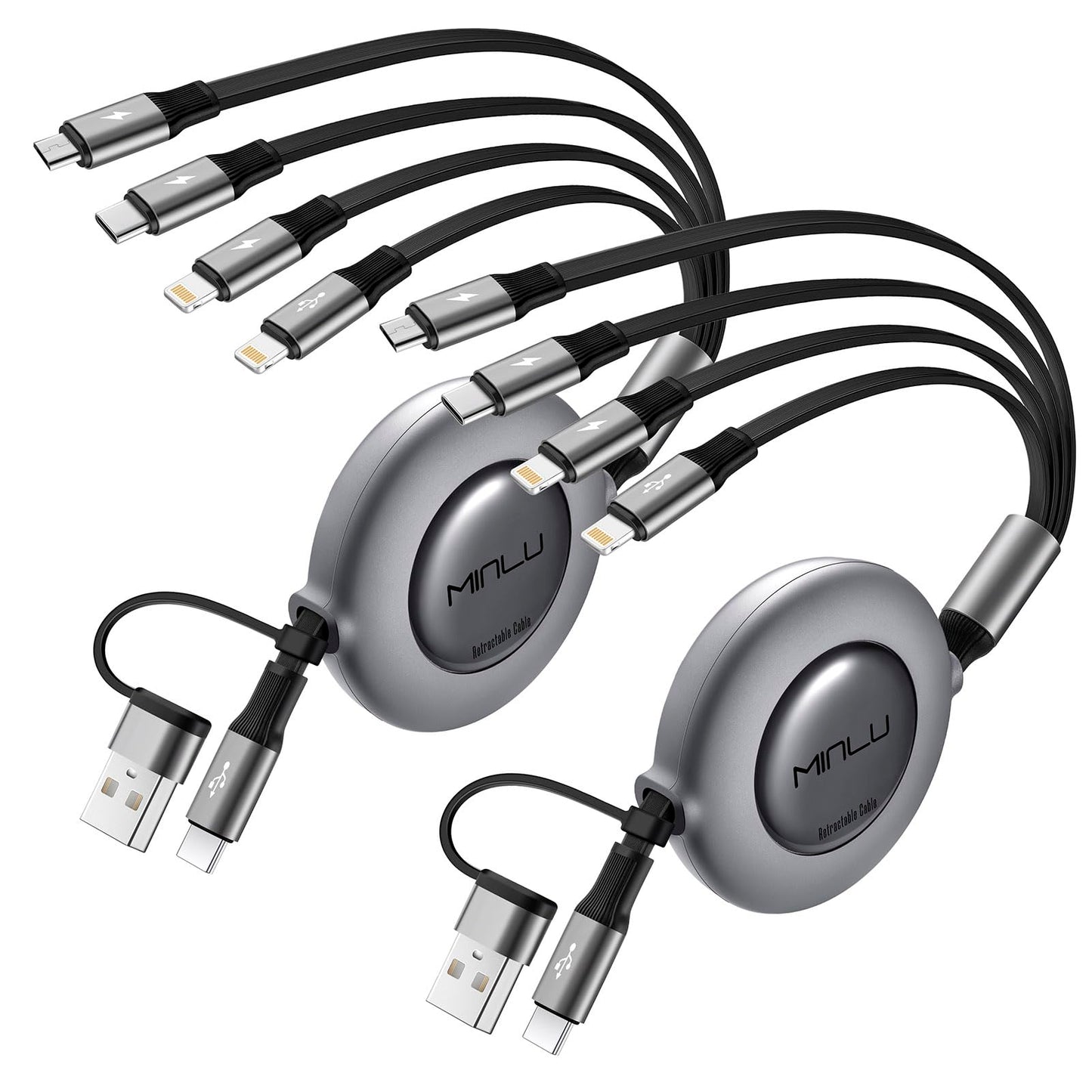 4 in 2 Retractable Charging Cable 4A,2Pack 4Ft Multi Chargers for All Devices,USBC Charging Cable with A/C to Type C/L/Micro USB Ports Universal