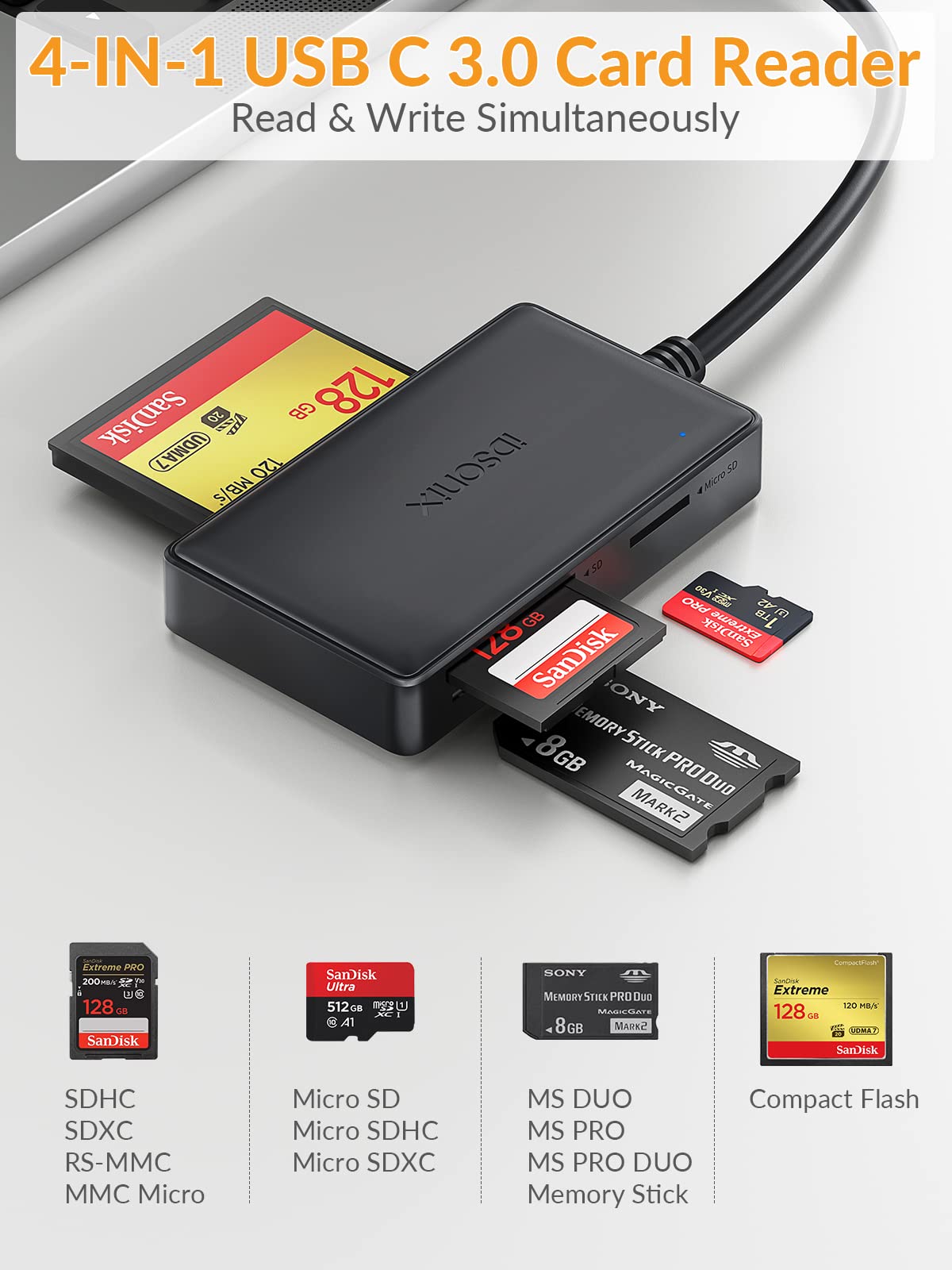 SD Card Reader 4 in 1 Simultaneously - iDsonix USB A 3.0 Card Reader 5Gbps for SD, TF(Micro SD), CF, MS, Support SDXC, SDHC, MMC, Micro SDXC, Micro