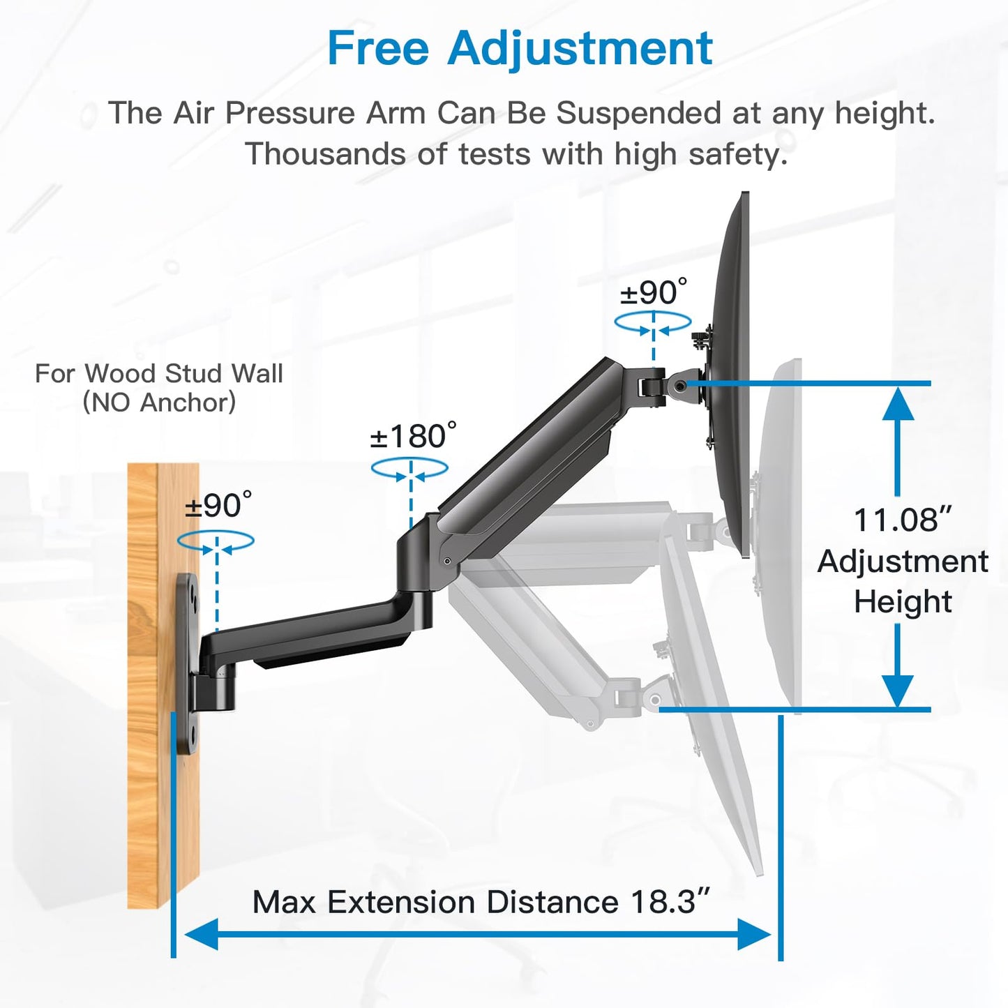 HUANUO Single Monitor Wall Mount for 13 to 32 Inch Computer Screen, Gaming Monitor Wall Mount Arm Holds up to 17.6lbs, Height Adjustable Full Motion