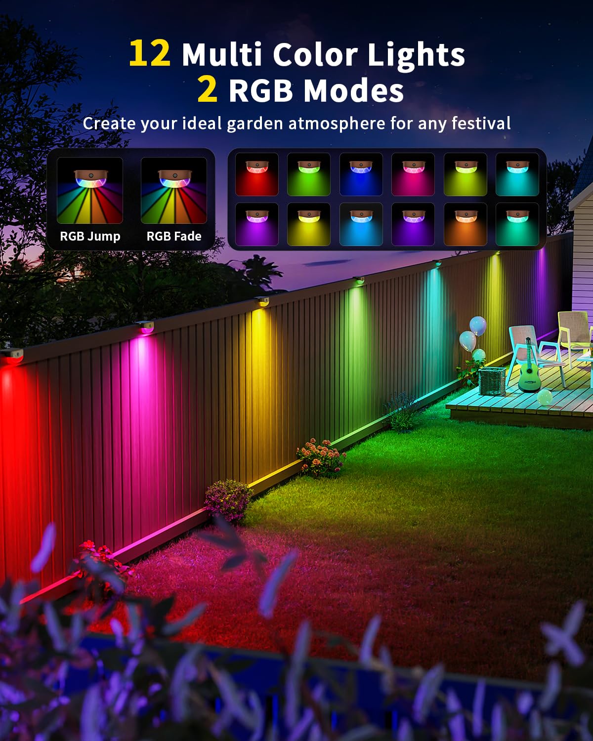 Pouwdl Solar Fence Lights with Remote, 15 Multi Colors Solar Powered Outdoor Step Lighting, IP67 Waterproof Led RGB Colors Lamp for Outside