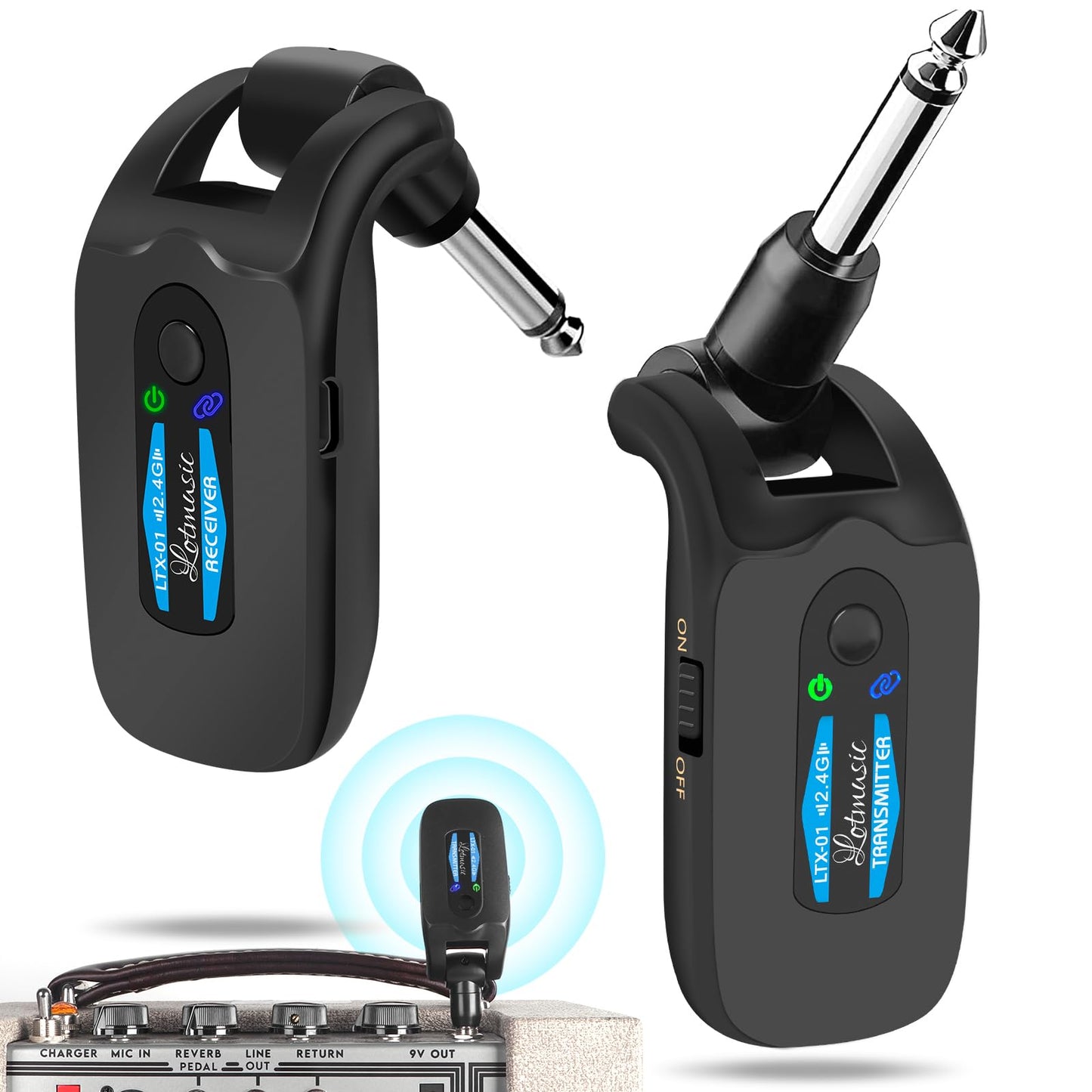 2.4GHZ Wireless Guitar System, Rechargeable Digital Wireless Guitar Transmitter Receiver with 4 Channels and Over 10 Hours Long Battery Endurance for