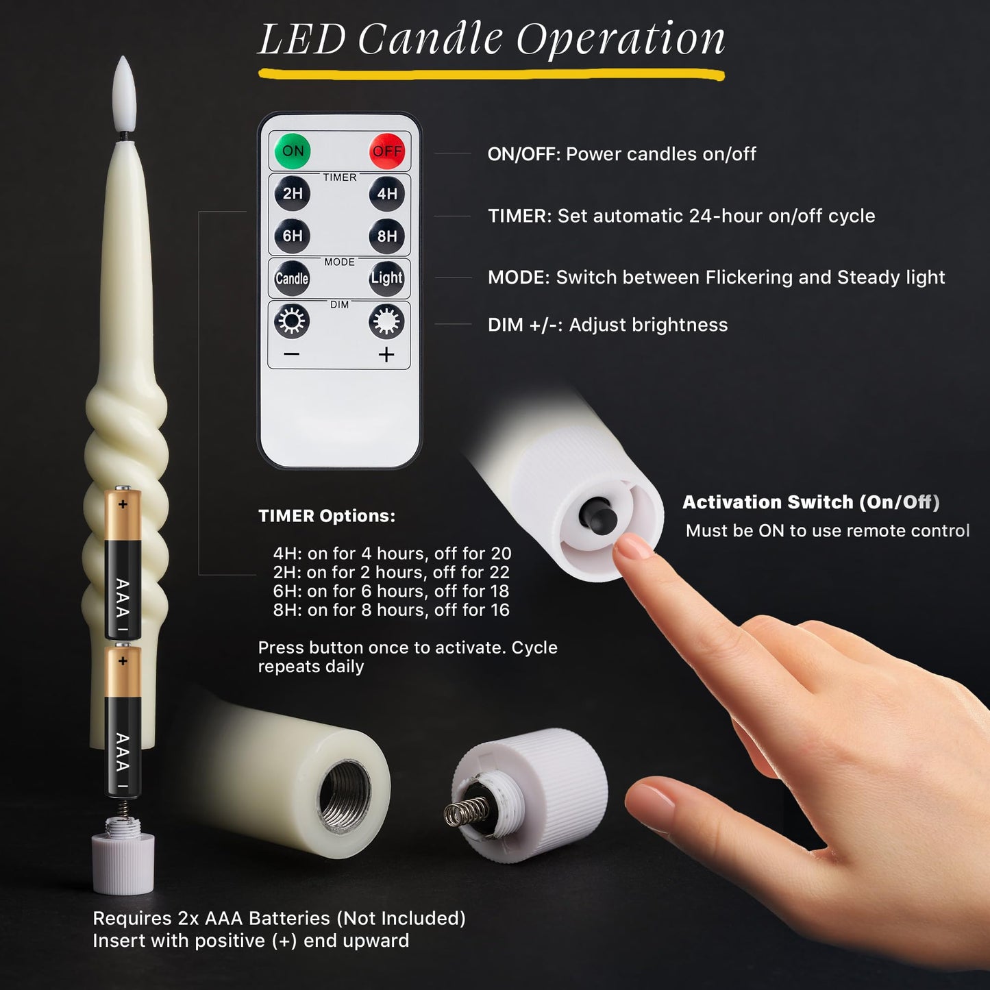 West Ivory Smooth Taper with Twist Flameless LED Taper Candles 10" - Ivory, Set of 6 - Remote, Dimmable, 2/4/6/8-Hr Timer (24-Hr Memory), Bottom
