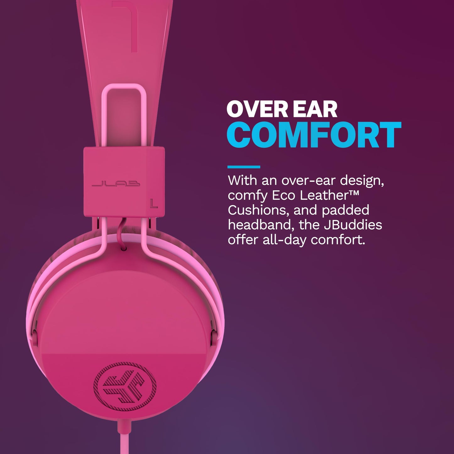 JLab JBuddies Studio on-Ear Kids Wired Headphones with mic, Volume Limiter, Foldable, Adjustable, Dark Pink