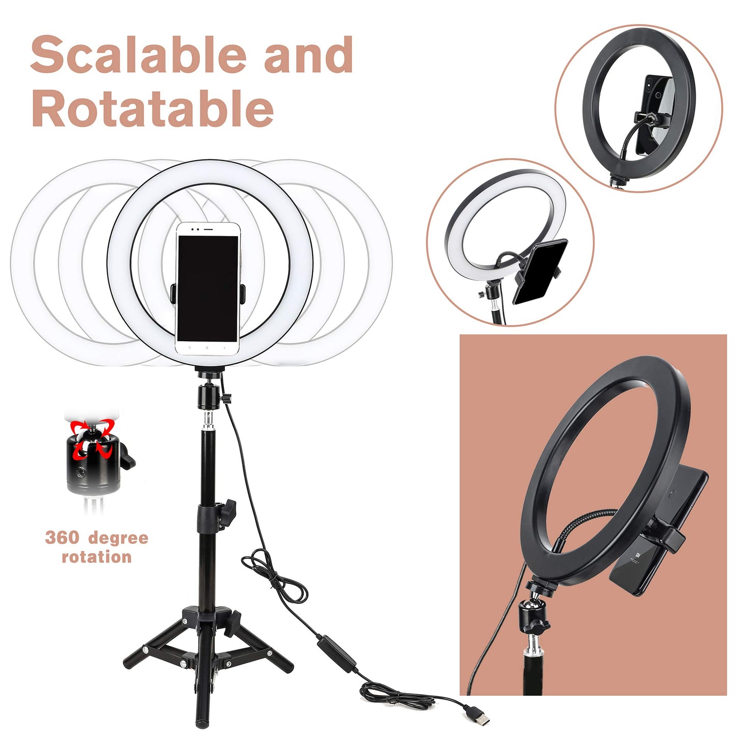 10" LED Selfie Ring Light with Tripod Stand & Cell Phone Holder for Tiktok/Live Stream/Makeup, BONFOTO Dimmable Desktop Camera Ringlight for YouTube